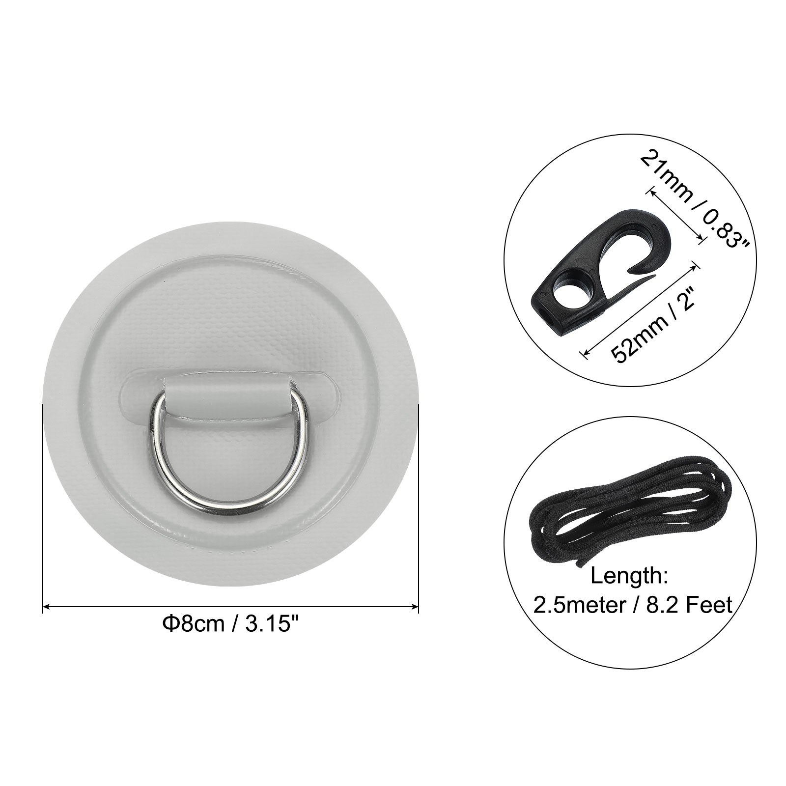 6Pcs Stainless Steel D-Ring Patch Round Patch with Elastic Cords & Hooks Gray