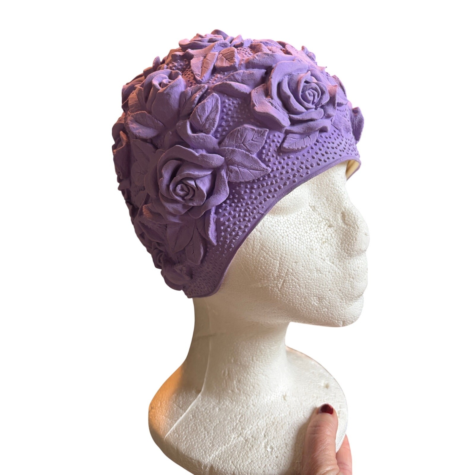 Vintage Swim Cap Womens Roses Latex Rubber Floral Flowers Purple 50s 60s *