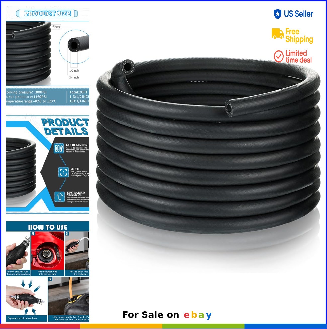 Fuel Line Hose 1/2 Inch ID 20 ft NBR Rubber 300PSI for Boat Car Motorcycle Truck