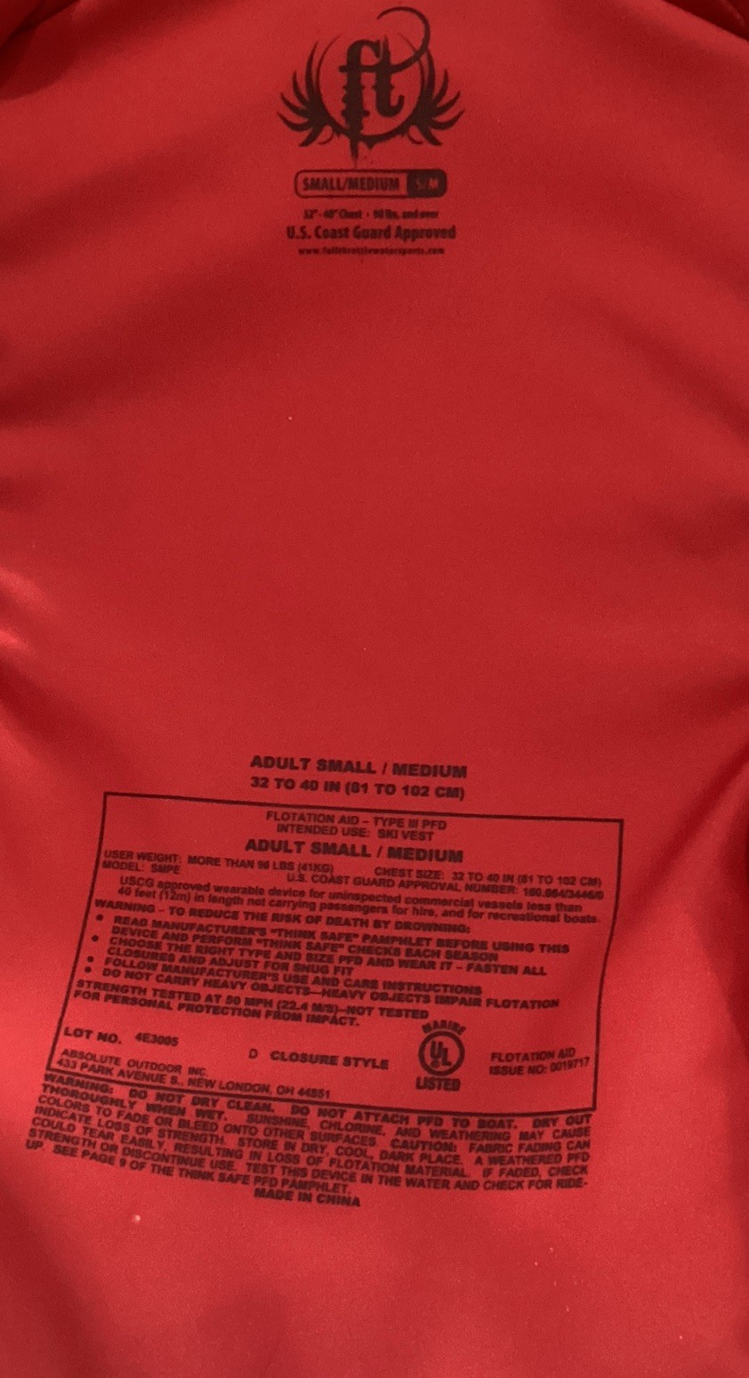 Full Throttle Life Jacket Red Adult’s S/M, Chest 32-40, over 90 lbs. New