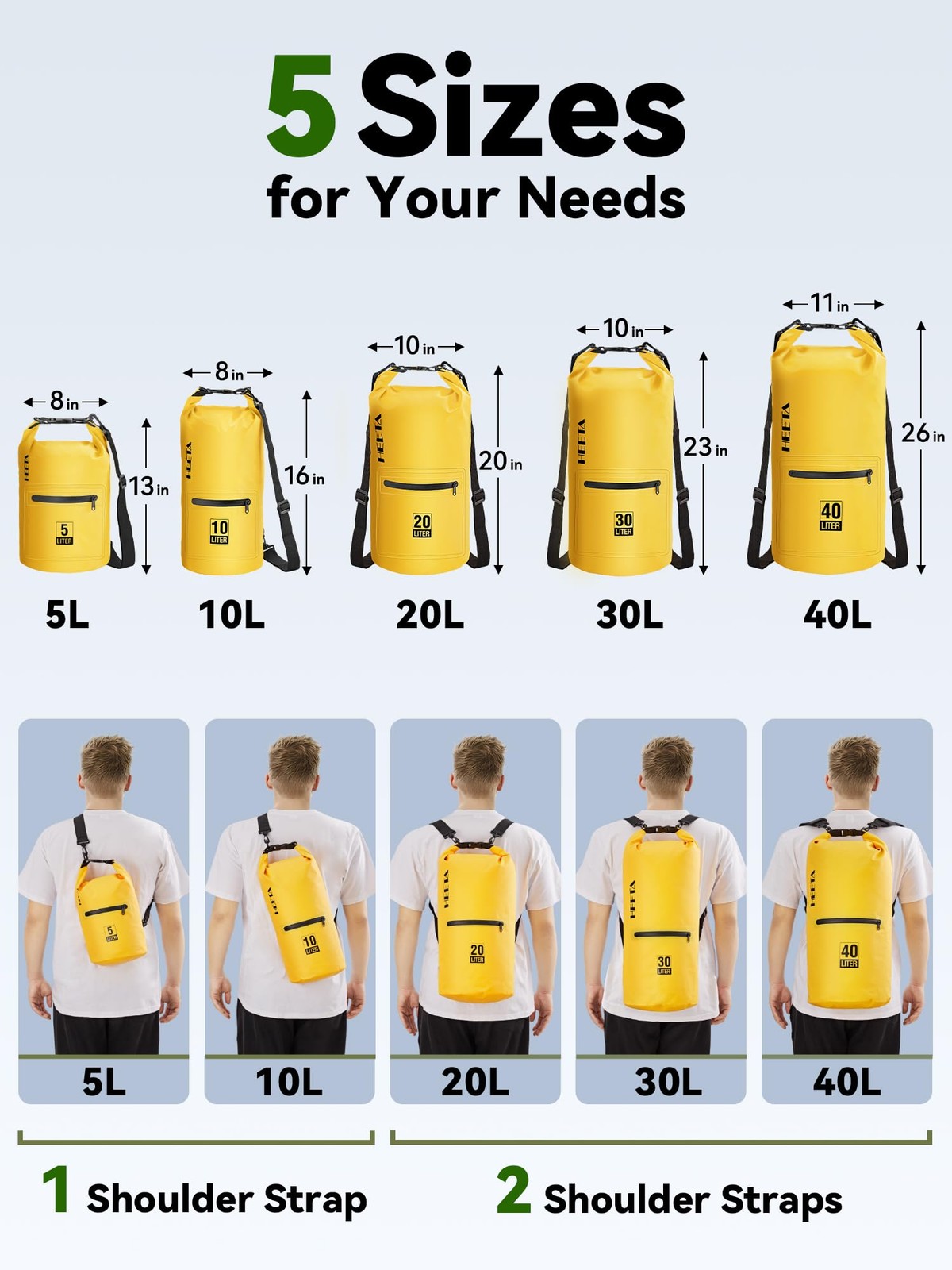 5L/10L/20L/30L/40L Roll Top Dry Bag Backpack Zippered Front Pocket