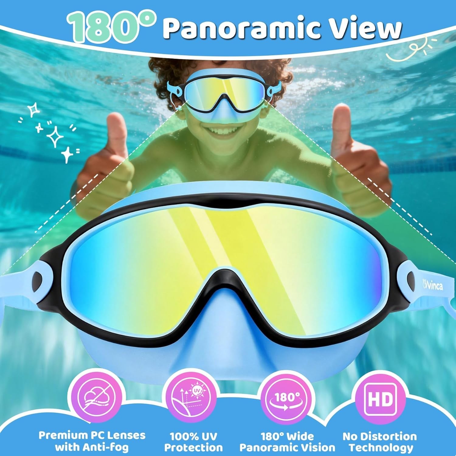 Kids Swim Goggles with Nose Cover & Attached Earplugs, Anti-Fog Wide View Swi…