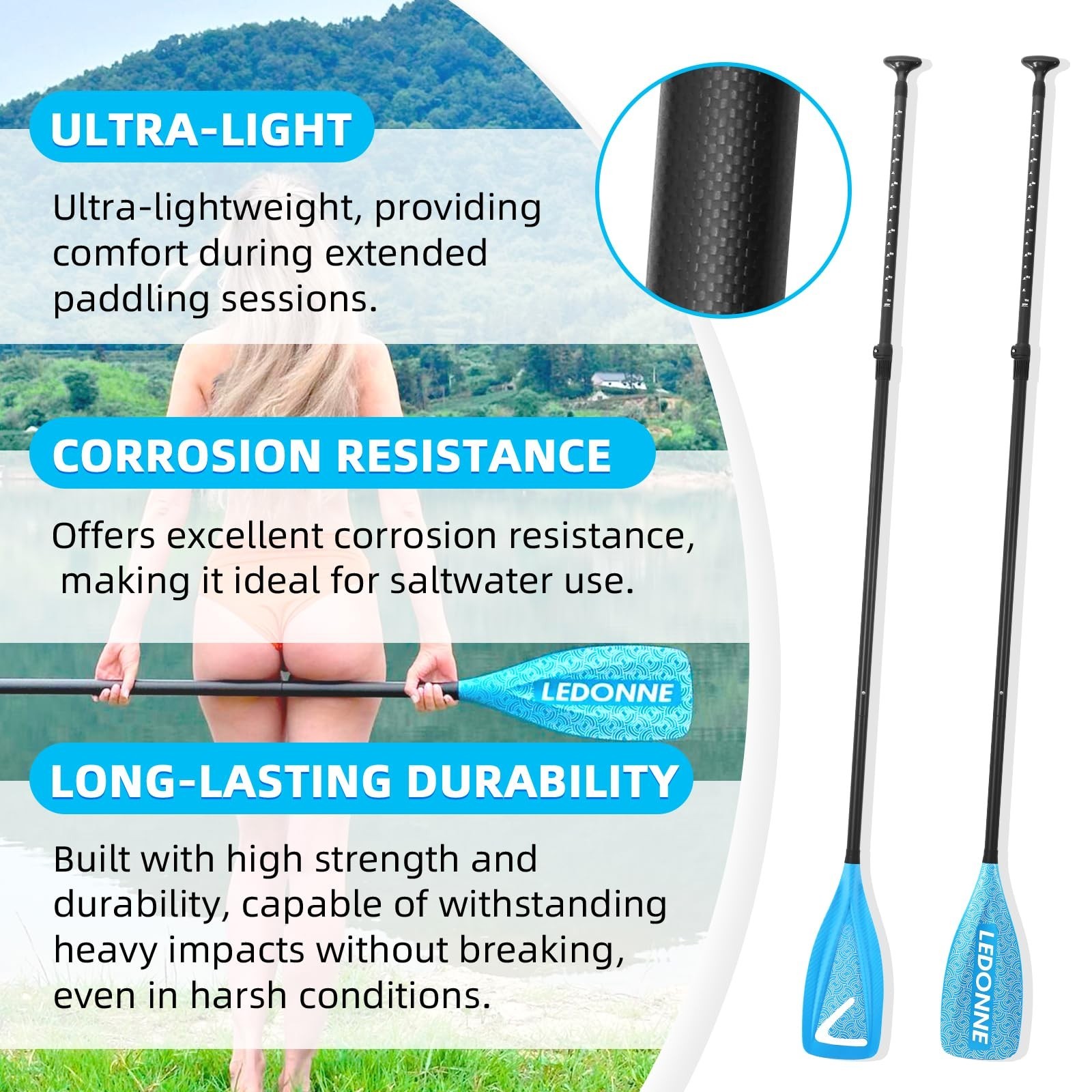 LEDONNE Carbon SUP Paddles 3 Piece Adjustable Stand Up Paddle Board Paddles L…