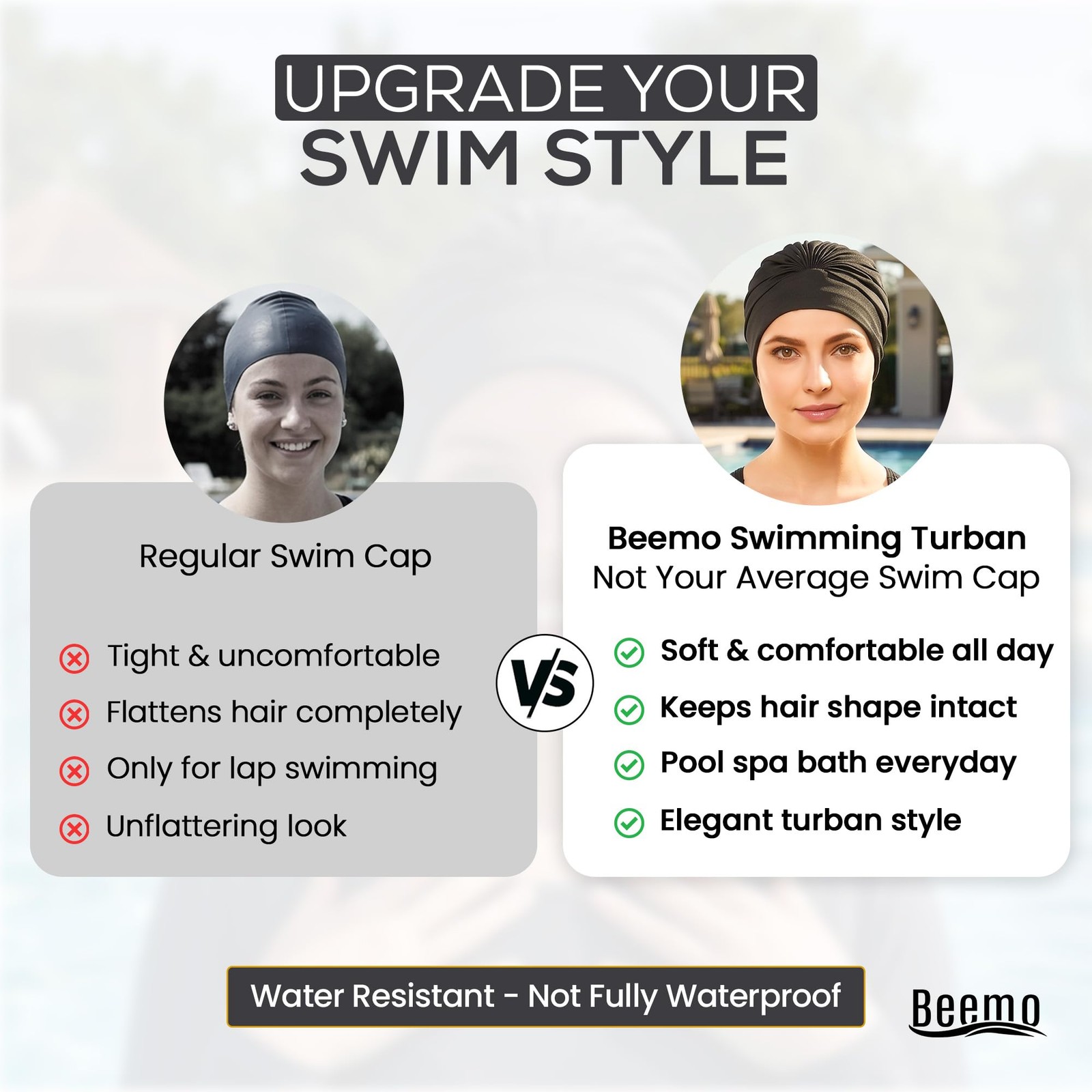 Beemo Swim Caps For Women Swimming Turban Polyester Latex Lined Pleated For
