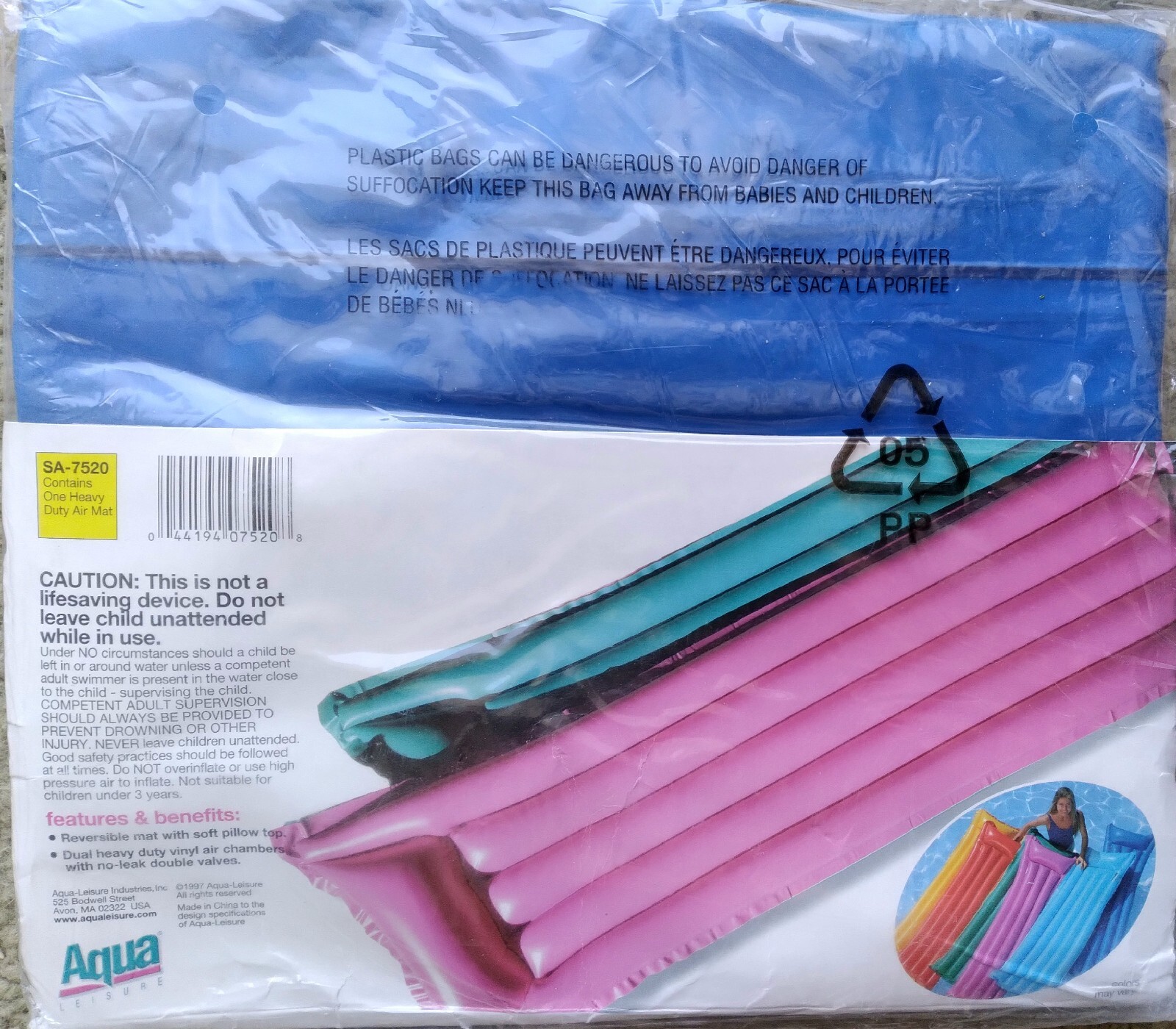 Vintage Vinyl Pool Float 72 In x 30 In Blue Raft 1997 Aqua Leisure NEW!