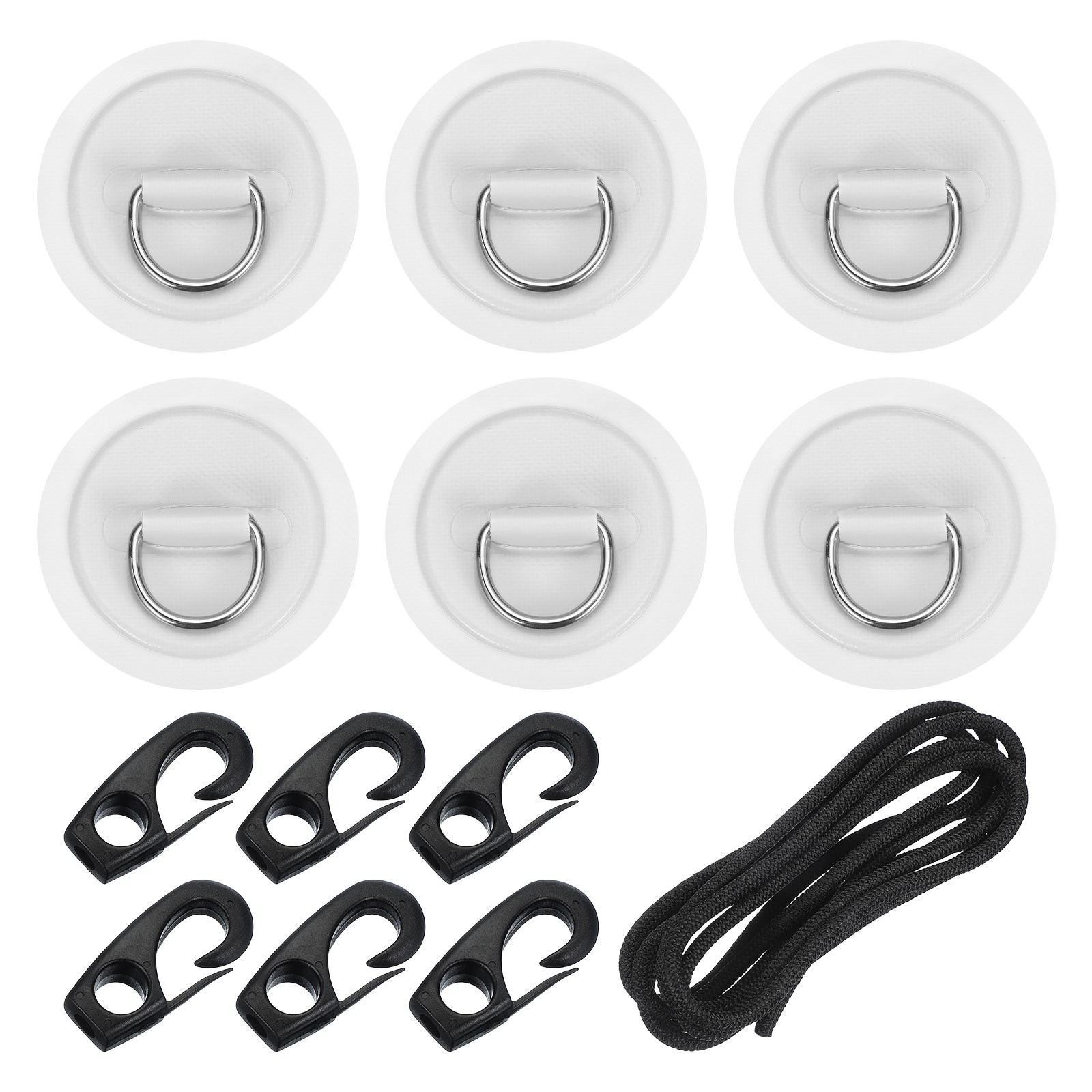 6Pcs Stainless Steel D-Ring Patch Round Patch with Elastic Cords & Hooks White
