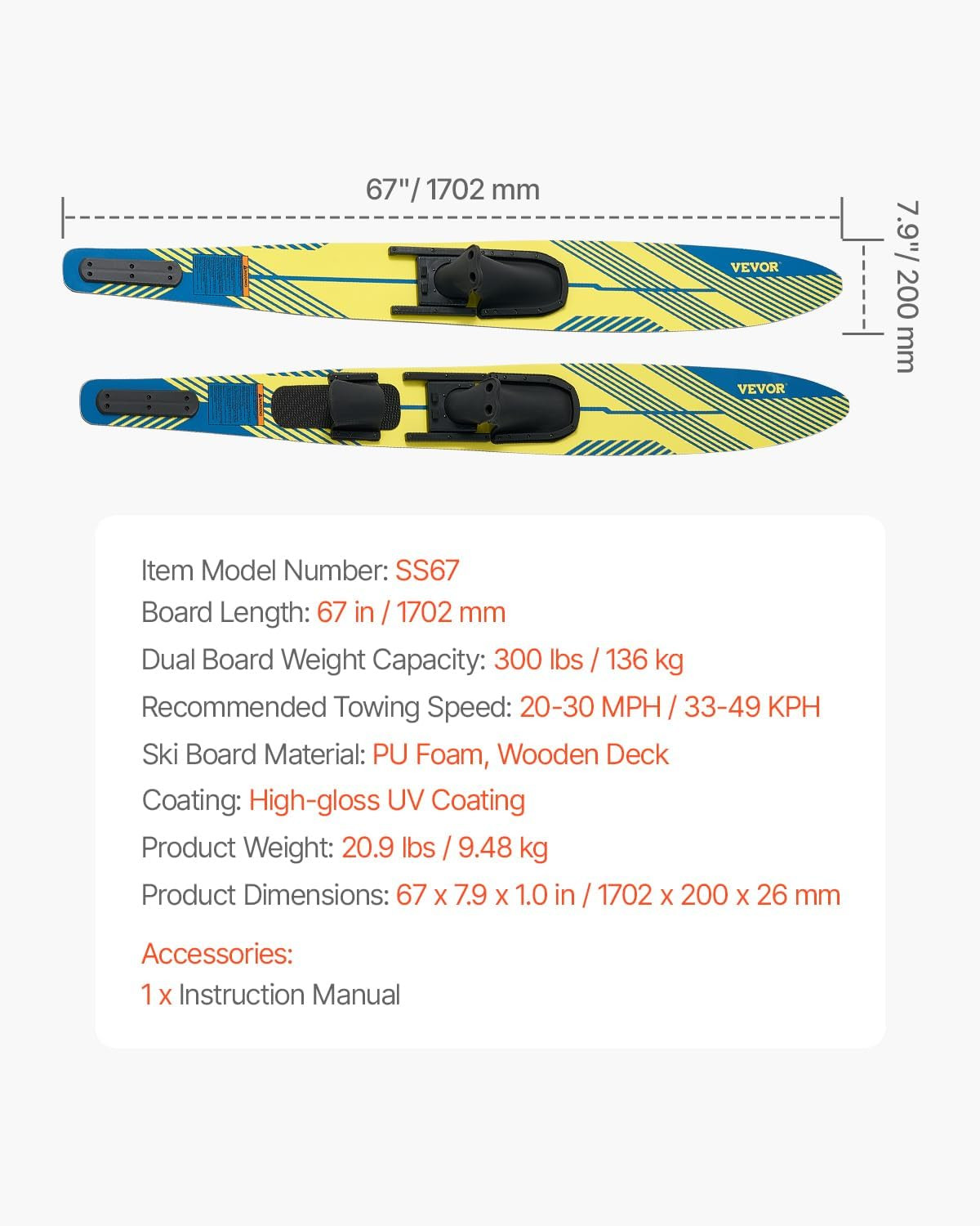 Adult Water Skis with Adjustable Bindings & Padded Toe Plate, 300 Lbs Capacity