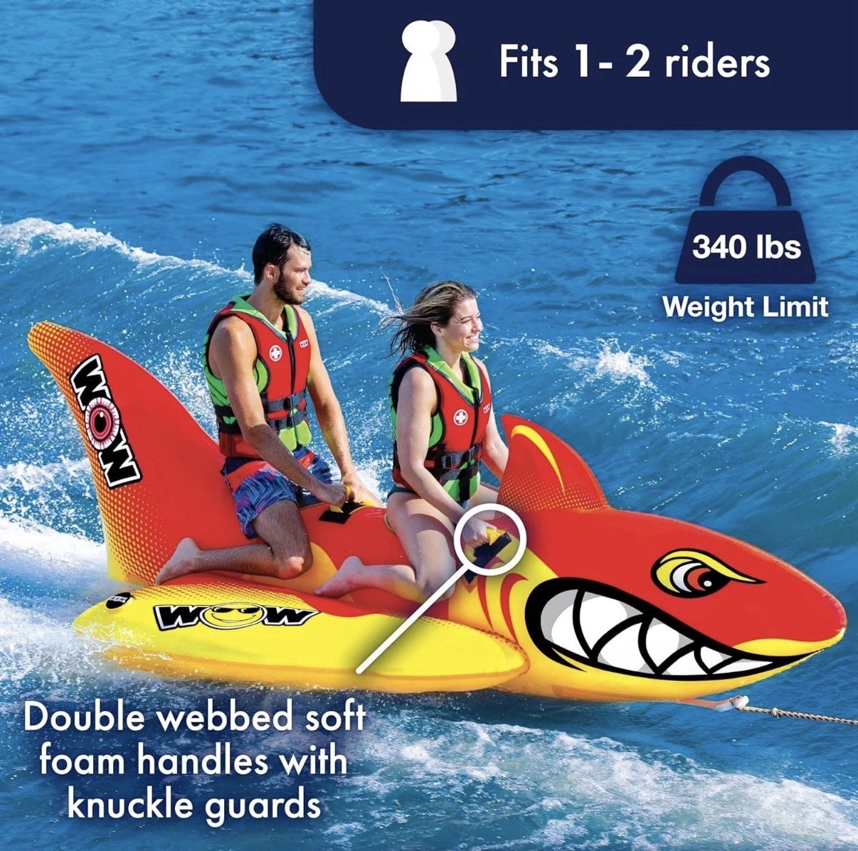 WOW Sports Big Shark Inflatable Towable Tube for Boating 2-Person