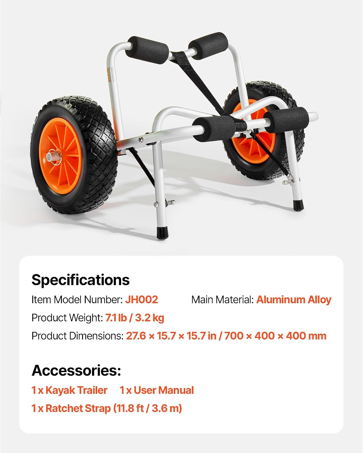 250 Lbs Kayak Cart, Foldable Kayak Trolley with 10-Inch Solid Rubber Tires & 1 R
