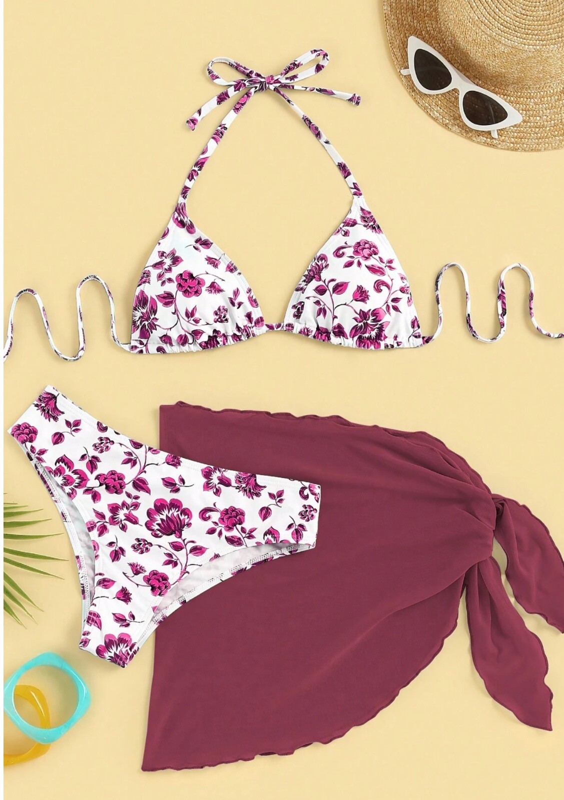 SHEIN 3 PIECE BIKINI SET W/ SKIRT – SIZE S – FLORAL BURGUNDY MULTI PRINT SWIM