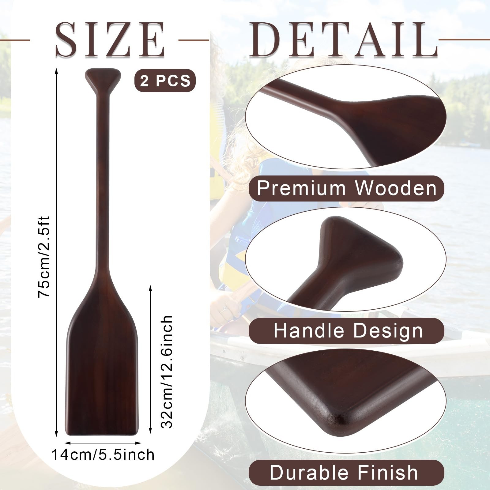 2 Pcs 2.5-4ft Wooden Canoe Oar Paddle, 30-48” Solid Pine Paddle Canoe, for K