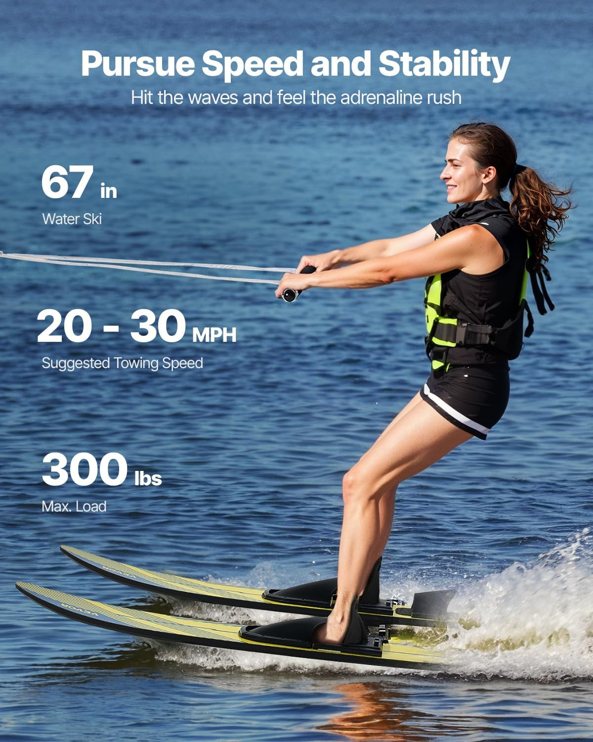 Adult Water Skis with Adjustable Bindings & Padded Toe Plate, 300 Lbs Capacity
