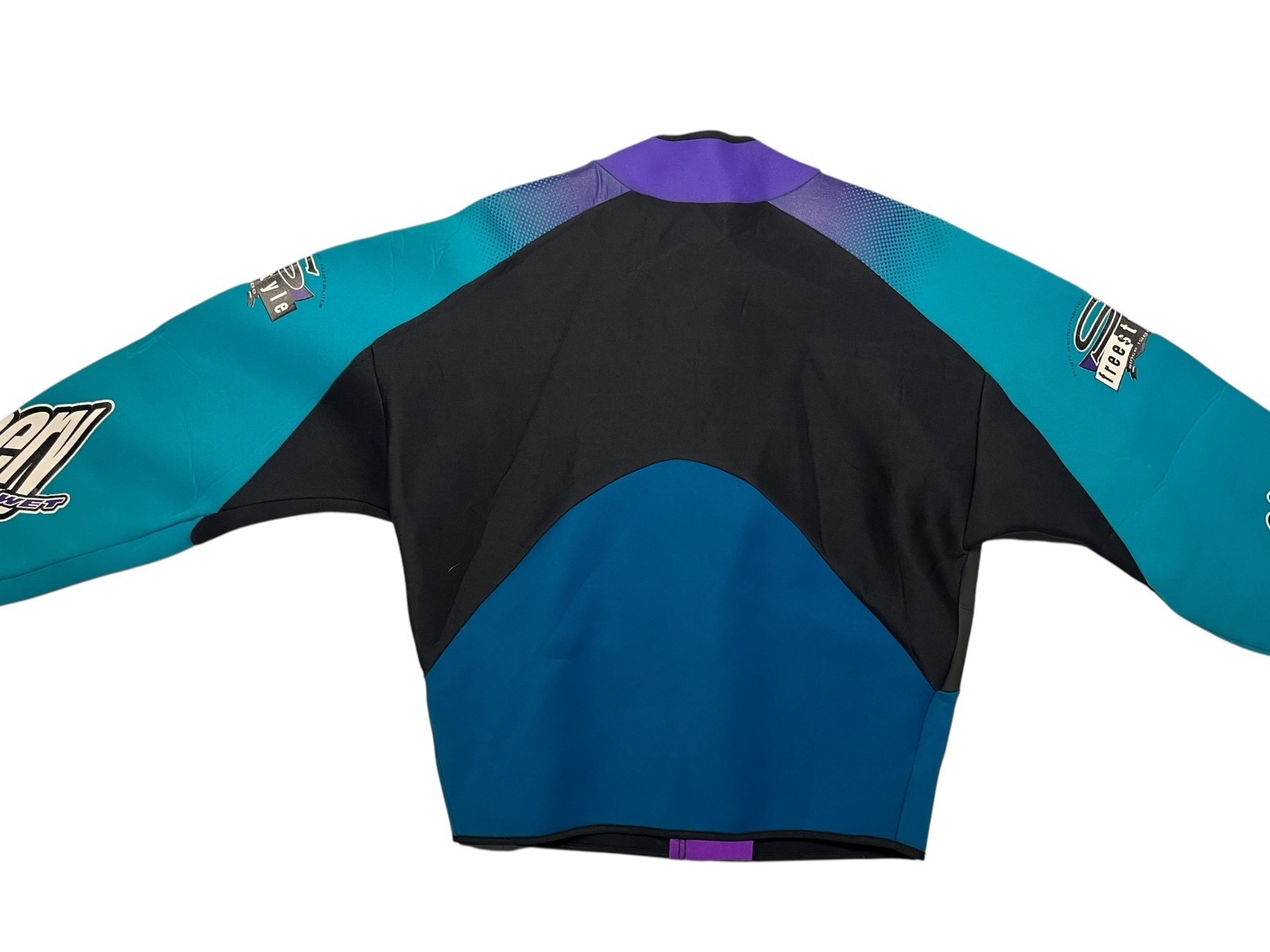 Vtg SLIPPERY WHEN WHEN Teal/Purple Neoprene FULL-ZIP WETSUIT TOP Rash Guard Adul