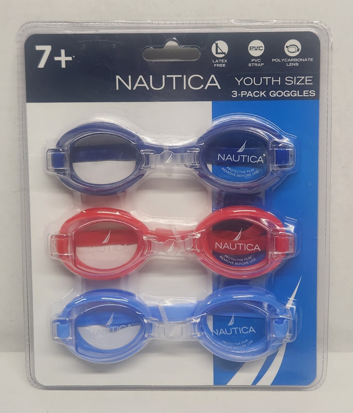 NAUTICA Youth Size 3 Pack Goggles 7+ / Latex Free PVC Strap Polycarbonate Lens
