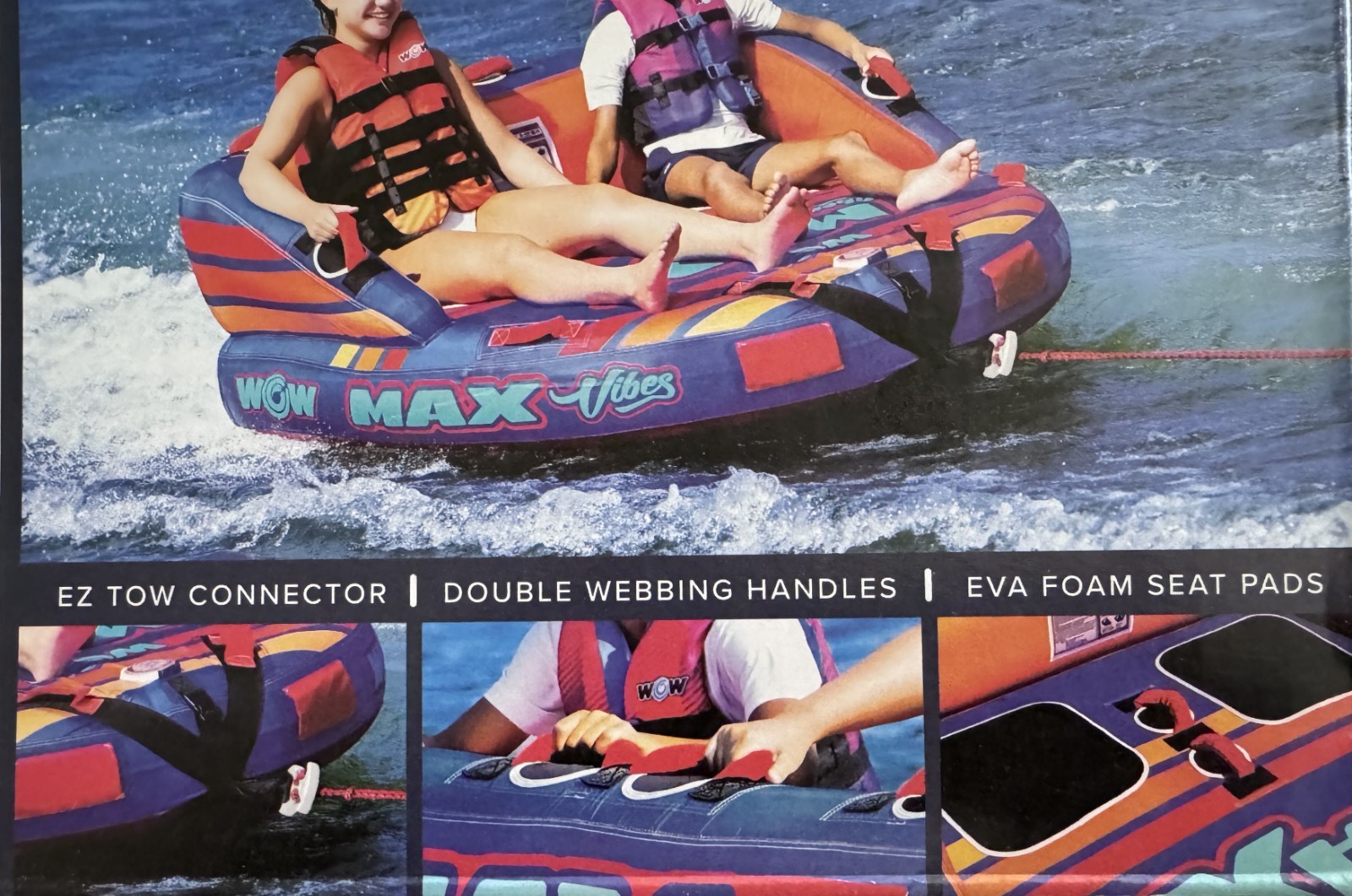 WOW Sports Max Vibes Towable 1-2 Person with Rope Tube Float for Boating
