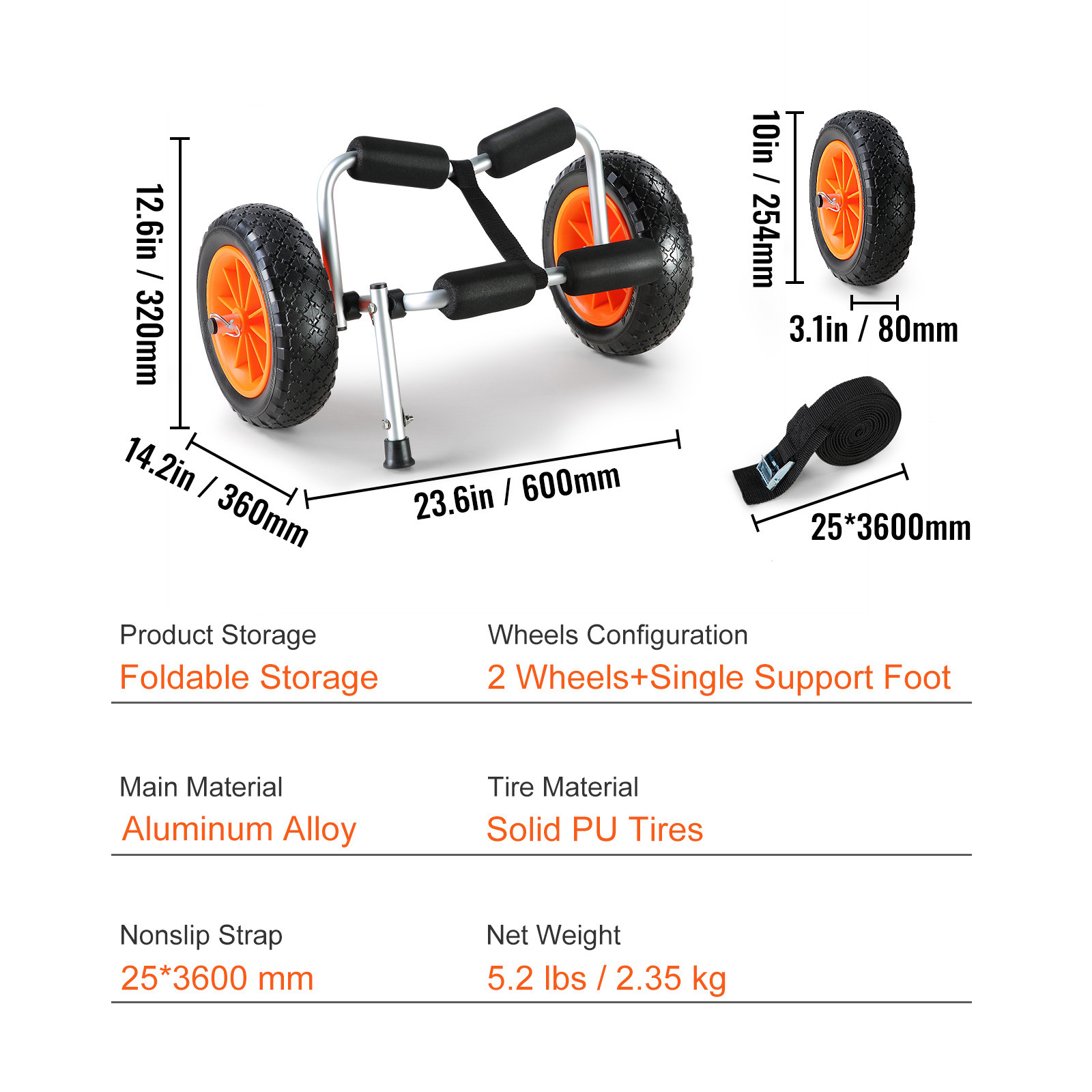 VEVOR 250lbs Foldable Kayak Canoe Boat Carrier Dolly Cart with 10” Solid Tires