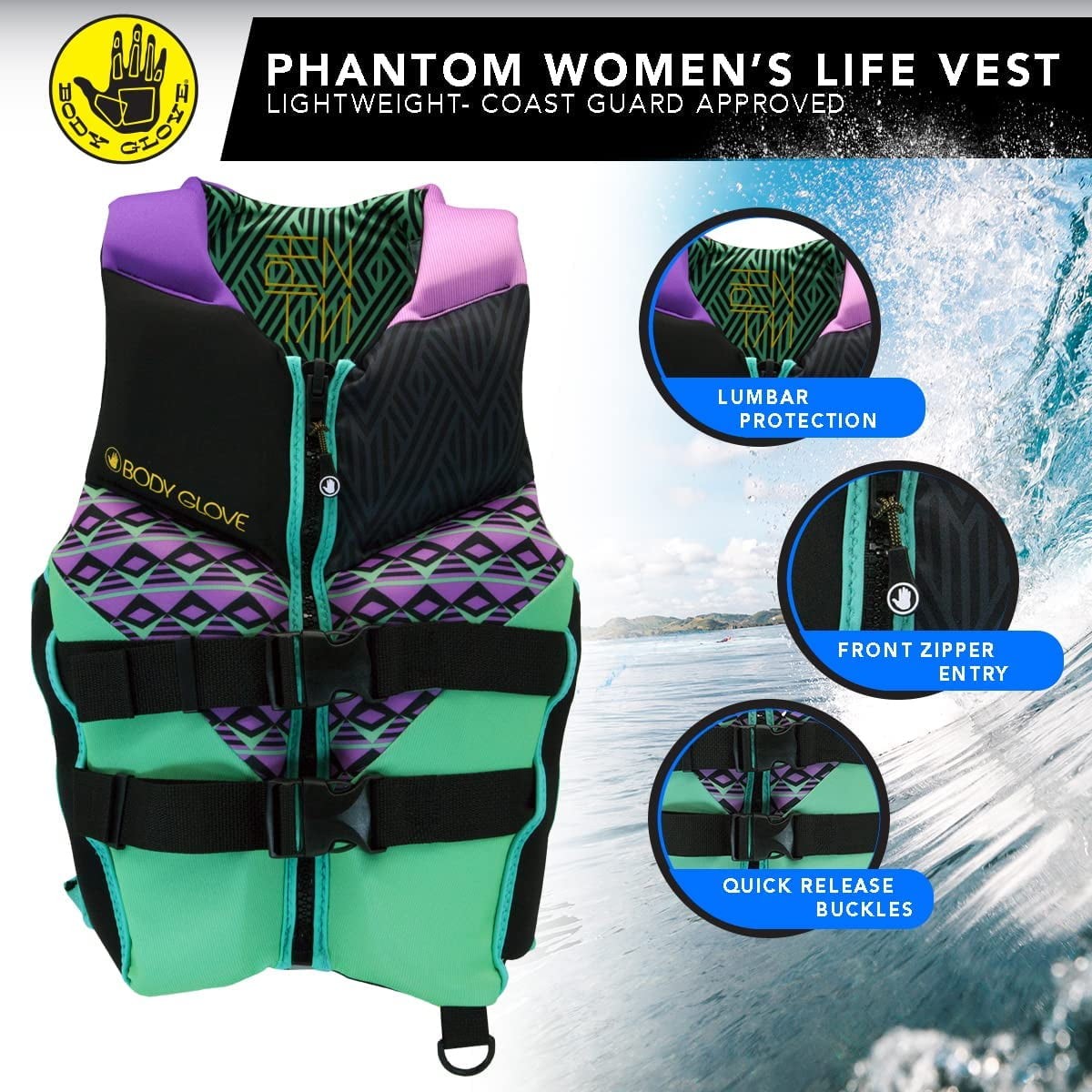 Body Glove Phantom Womens Life Jacket, Durable Yamamoto Neoprene, Beveled Soft