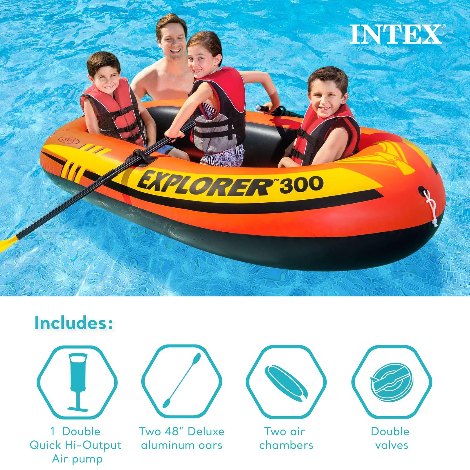 Intex Explorer 300, 3-Person Inflatable Boat Set with French Oars and High