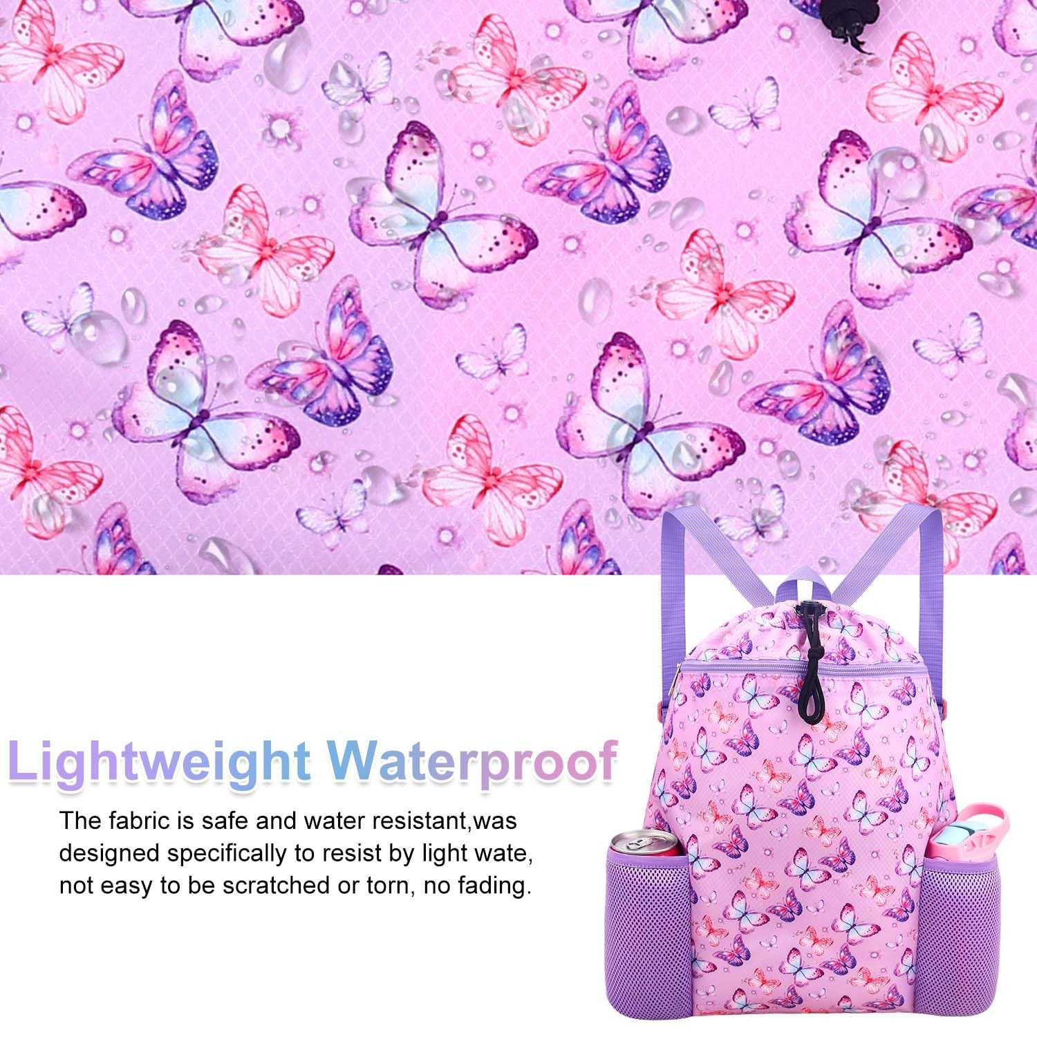 Butterfly Drawstring Backpack for Girls Waterproof Swim Bag with Water Bottle