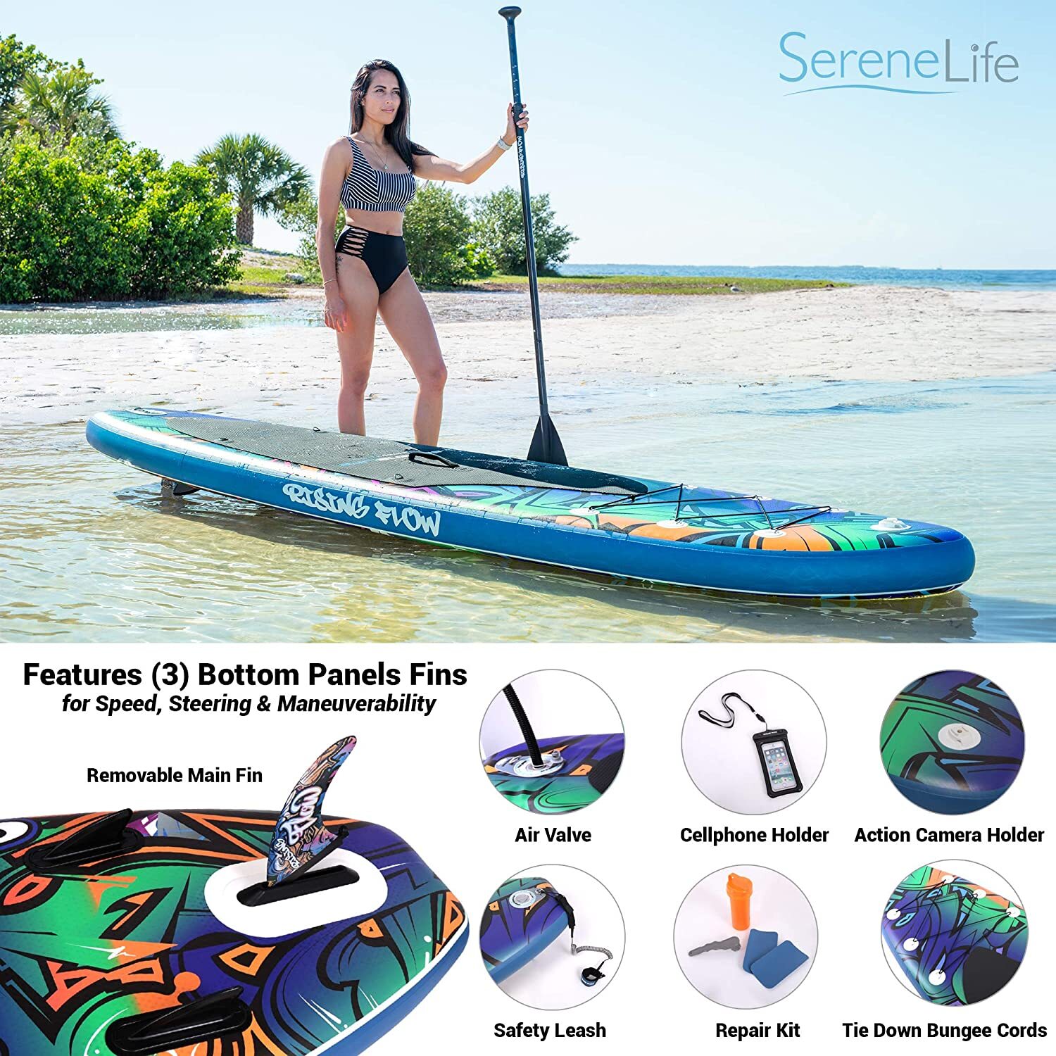 SereneLife Inflatable Stand Up Paddle Board Surf Paddling Wide Stance 6″ Thick