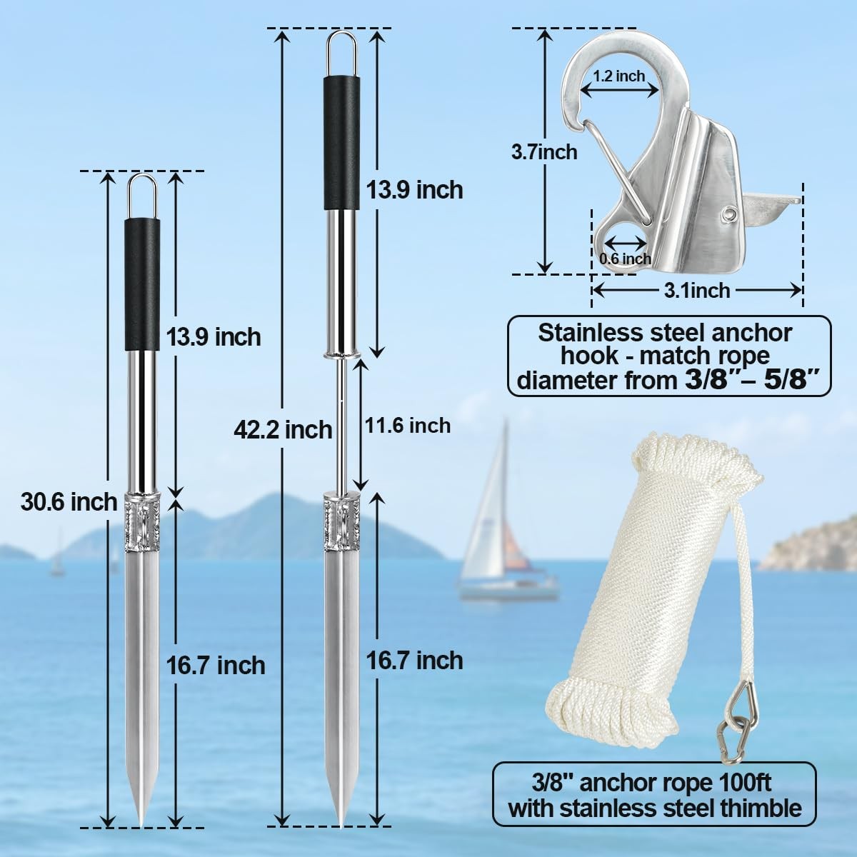 Sand Spike Boat Anchor Kit with Rope and Stainless Steel Anchor Slide Hook fo…