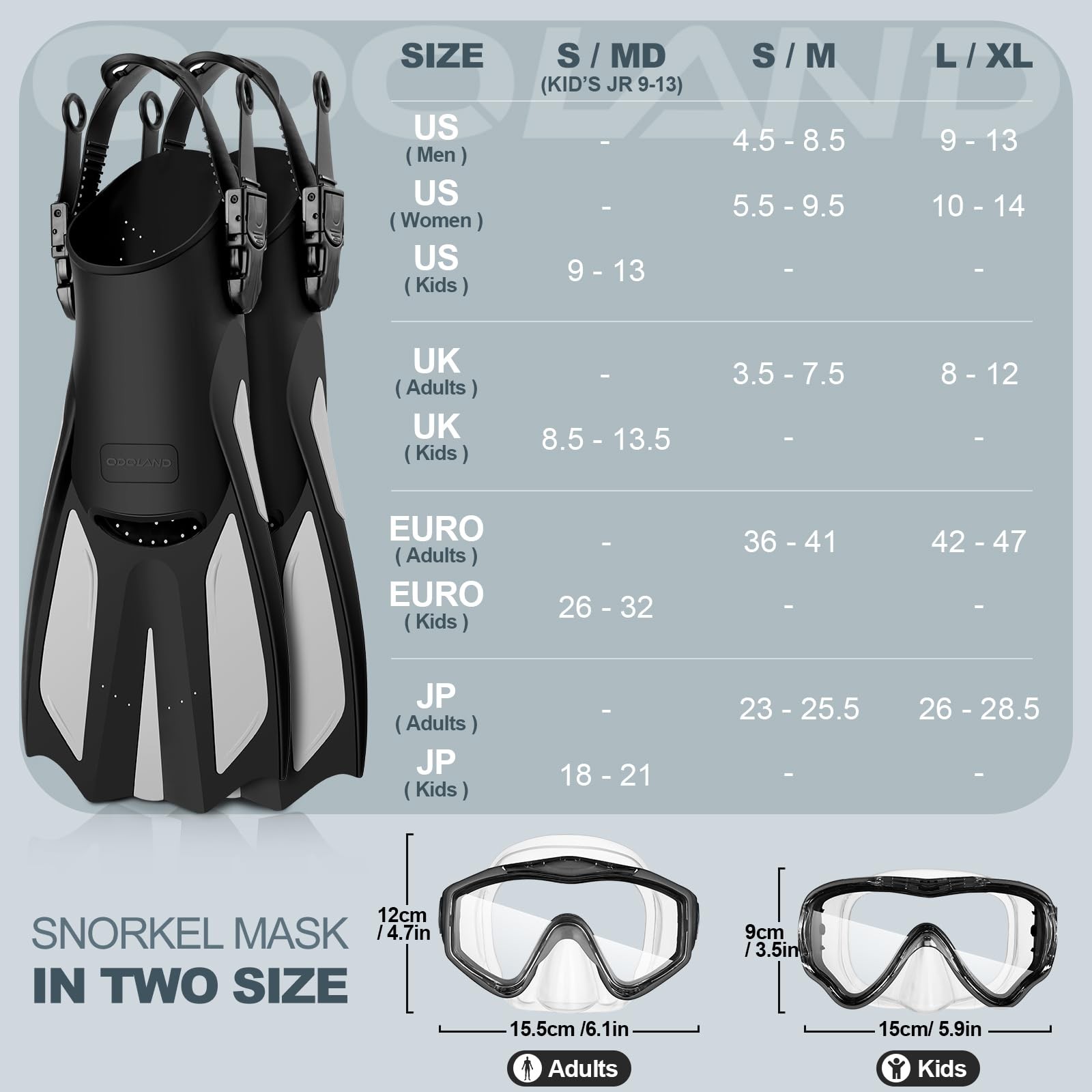 Odoland Snorkel Set, Snorkeling S/M (US Men 4.5-8.5/ Women 5.5-9.5), Black