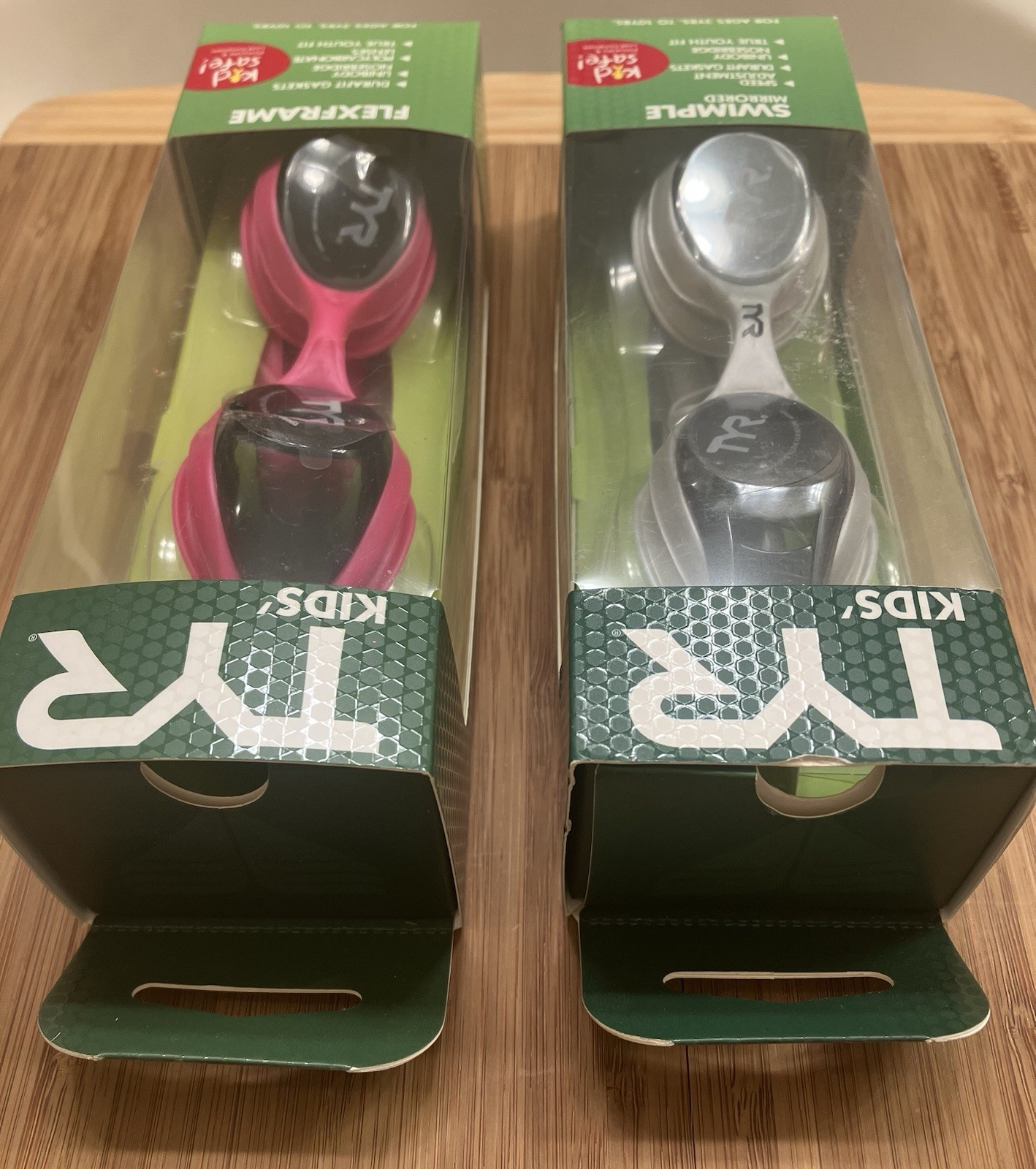 2 PACK TYR Kids Swim Goggles: 1 Swimple-Mirrored/Grey & 1 Flexframe-Tinted/Pink