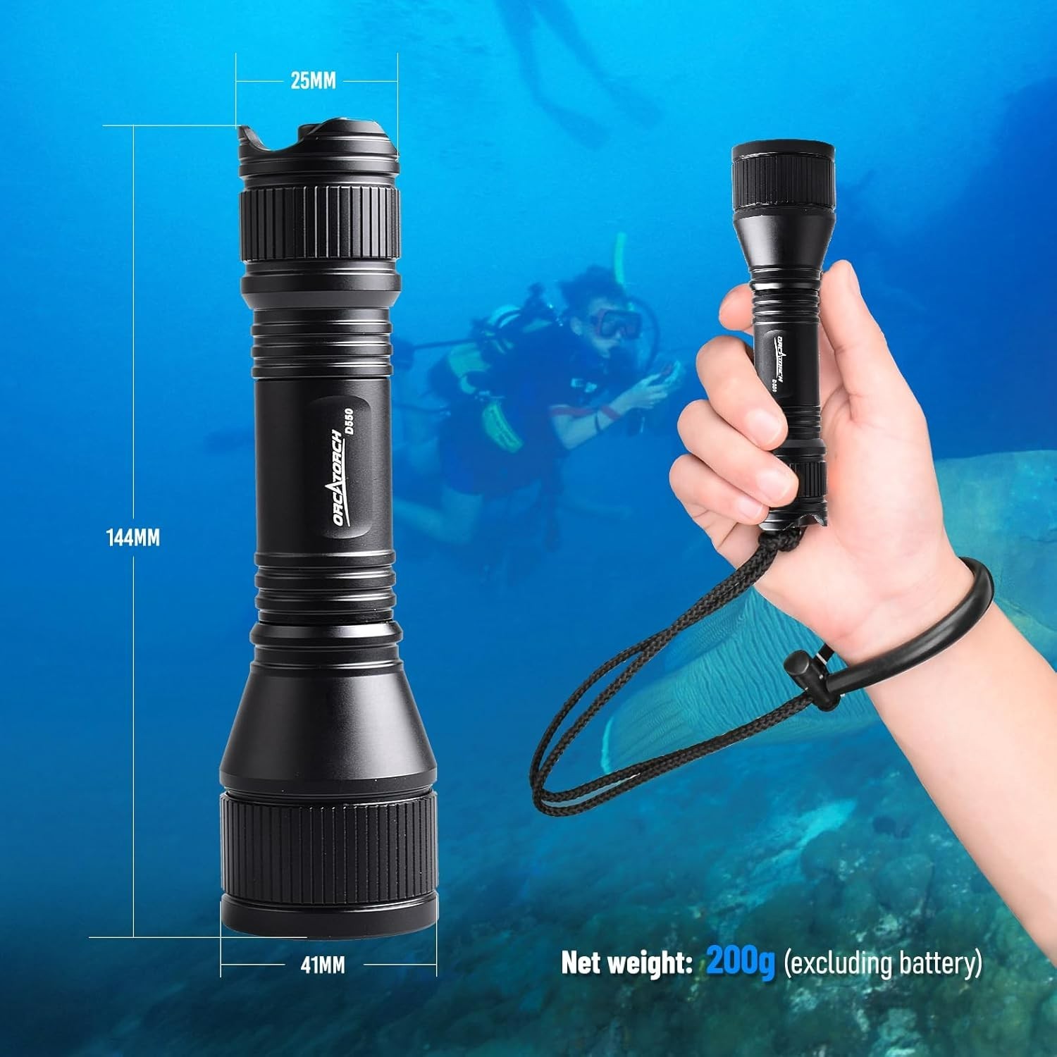 ORCATORCH D550 Scuba Dive Light 1000 Lumens Underwater Flashlight with 3 Modes
