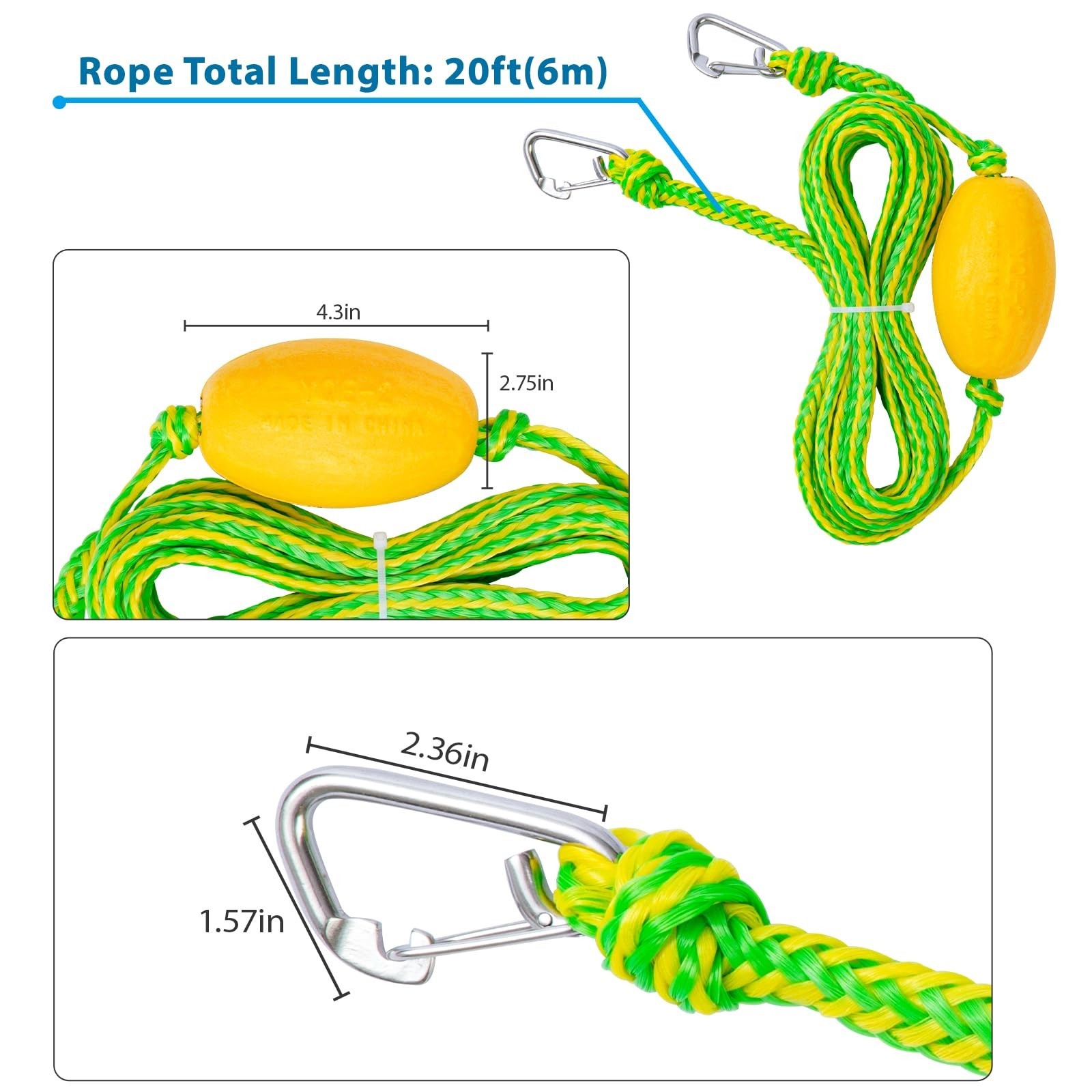 20FT Floating Kayak Tow Rope with Clips – Quick Connect Rescue Line & Towing Acc