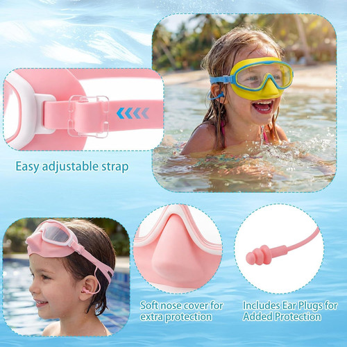 Tellegloww 3 Pack Kid Swim Goggles with Nose Cover Wide Yellow, Pink, Blue