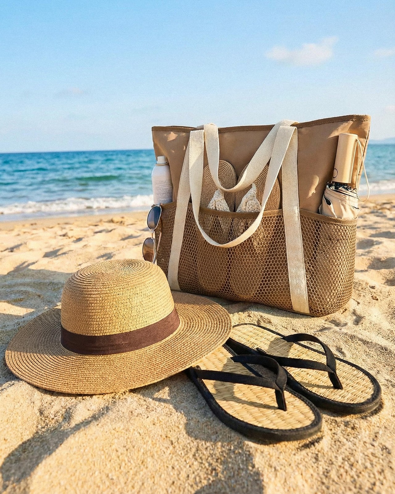 HOMESPON Mesh Beach Bag Sandproof Water Resistant Tote Zipper Medium, Khaki