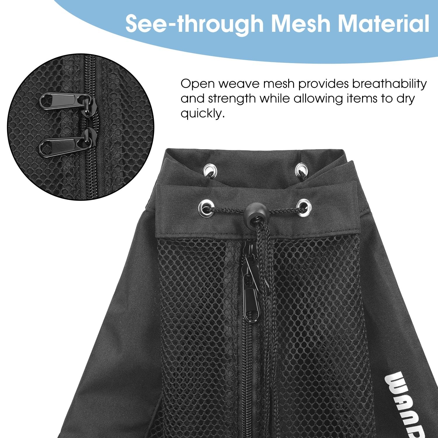 Black Mesh Drawstring Swim Bag for Swimmers with Wet Pocket Adjustable Beach