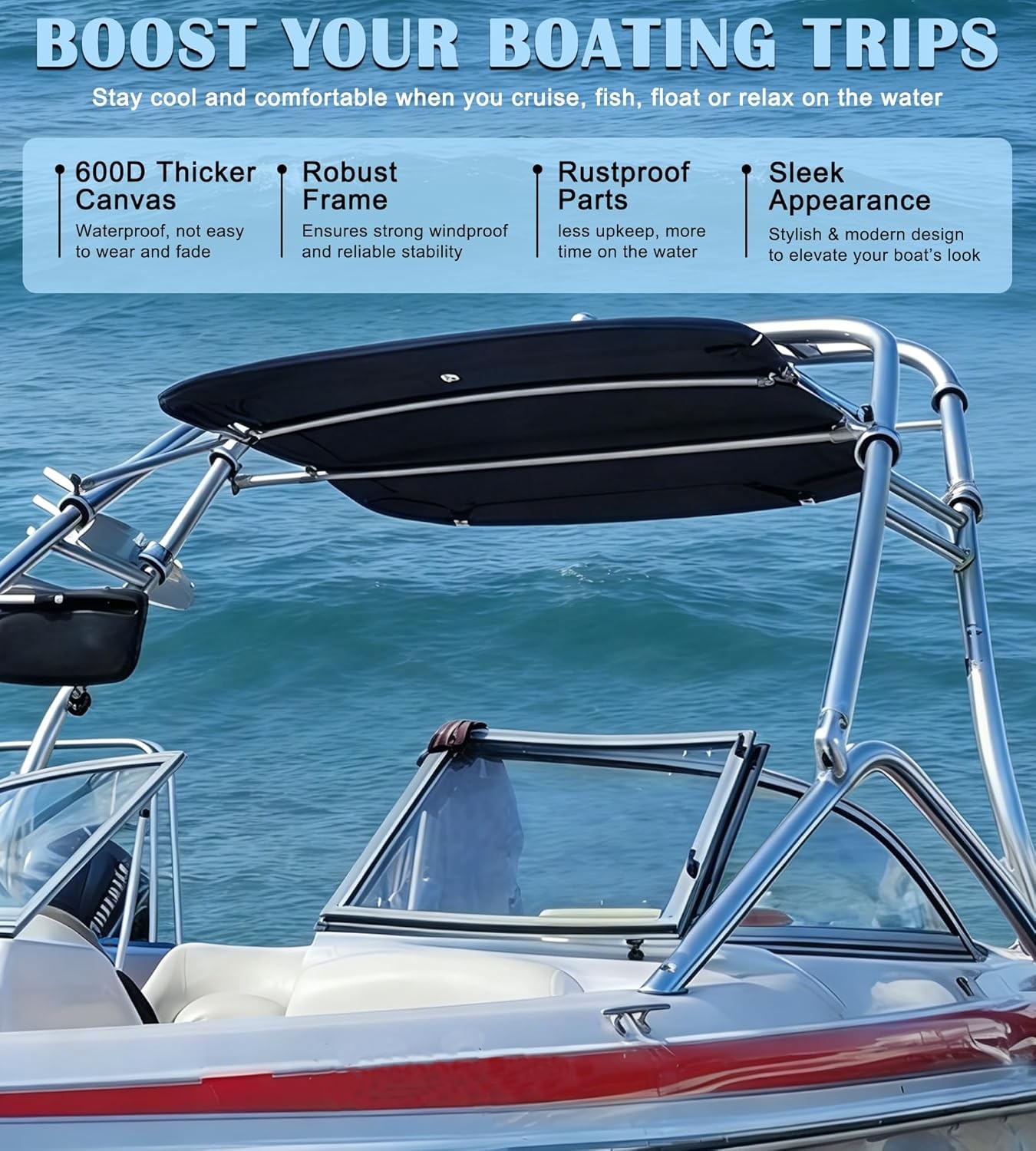Universal Wakeboard Tower Boat Bimini Top -600D Bimini Top Canvas Frame & Clamps