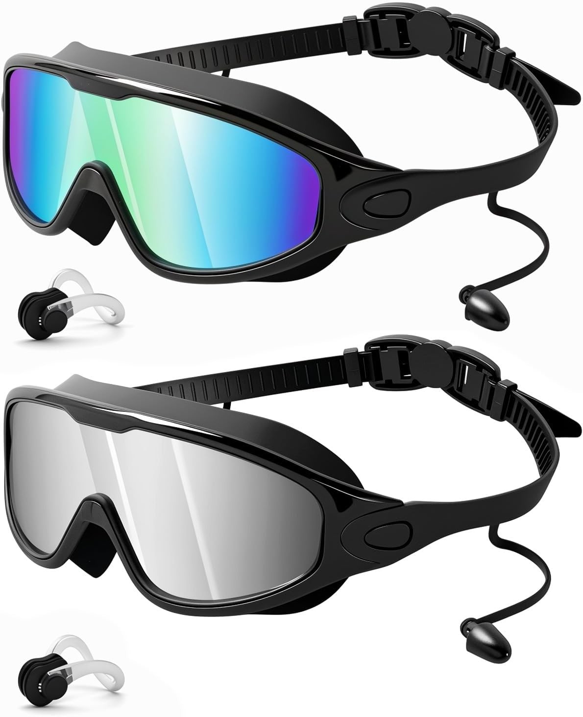 2 Pack-Adjustable-Wide-View Swim Goggles | Anti-Fog UV Lens |Earplugs & Nose Pad