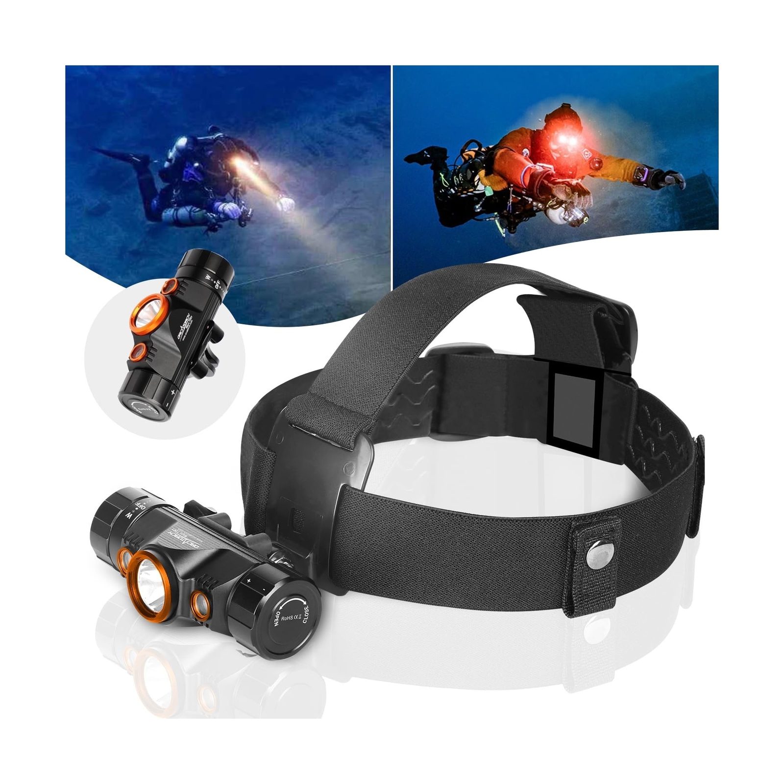 ORCATORCH TD01 Diving Headlamp 1200 Lumens Scuba Dive Light 5 Modes Dual-Colo…