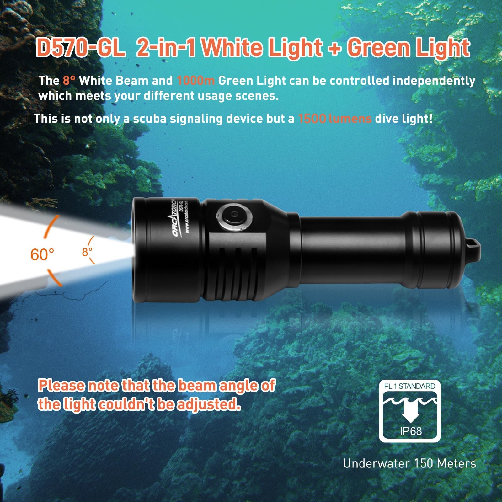 Orcatorch D570-Gl 2.0 2-In-1 Scuba Diving Signal Light 1500 Lumens Underwater