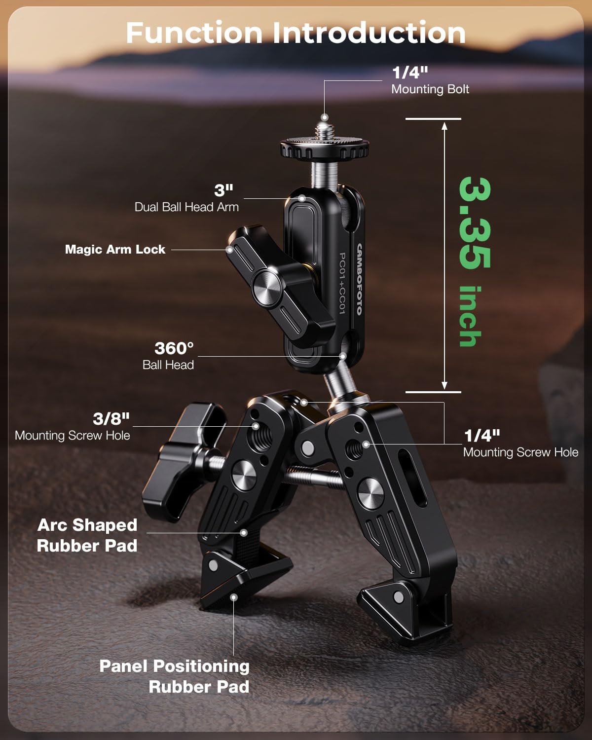 Super Clamp Camera Mount, 360° Dual Ballhead Magic Arm, 1/4″-20 & Black