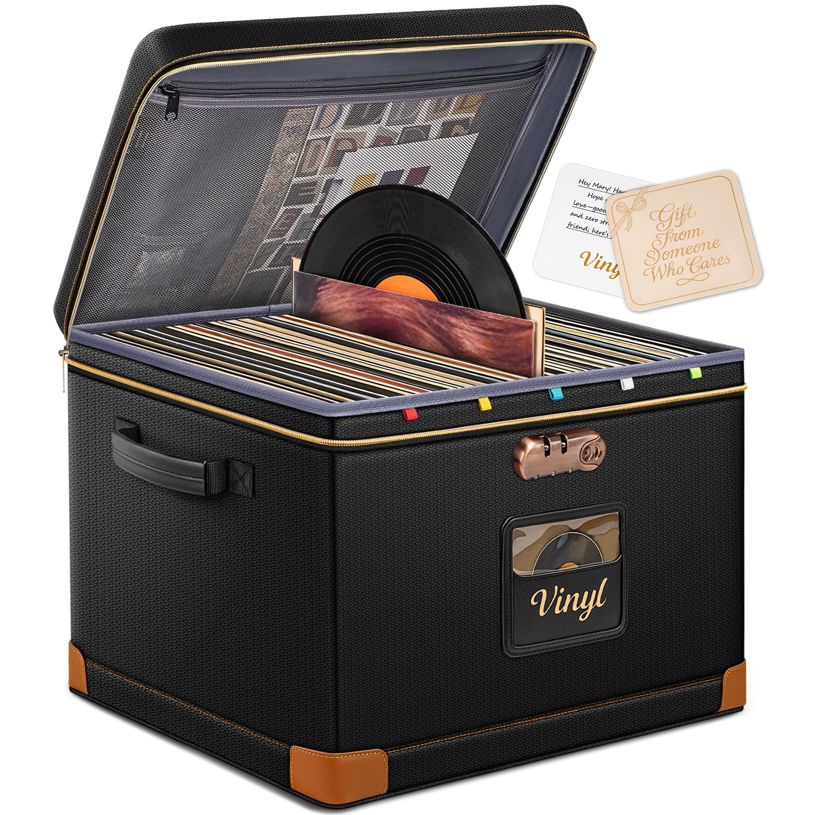 DEEGO Vinyl Record Storage Box with Lock, 17 x 13 x 13 inches, BLACK