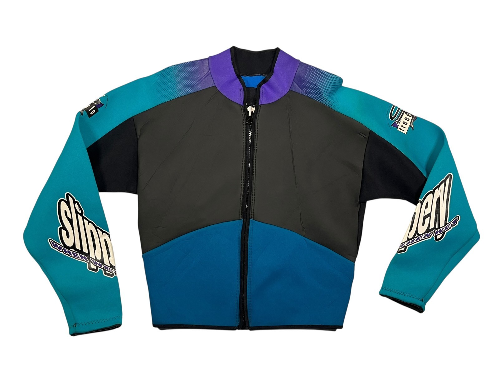 Vtg SLIPPERY WHEN WHEN Teal/Purple Neoprene FULL-ZIP WETSUIT TOP Rash Guard Adul