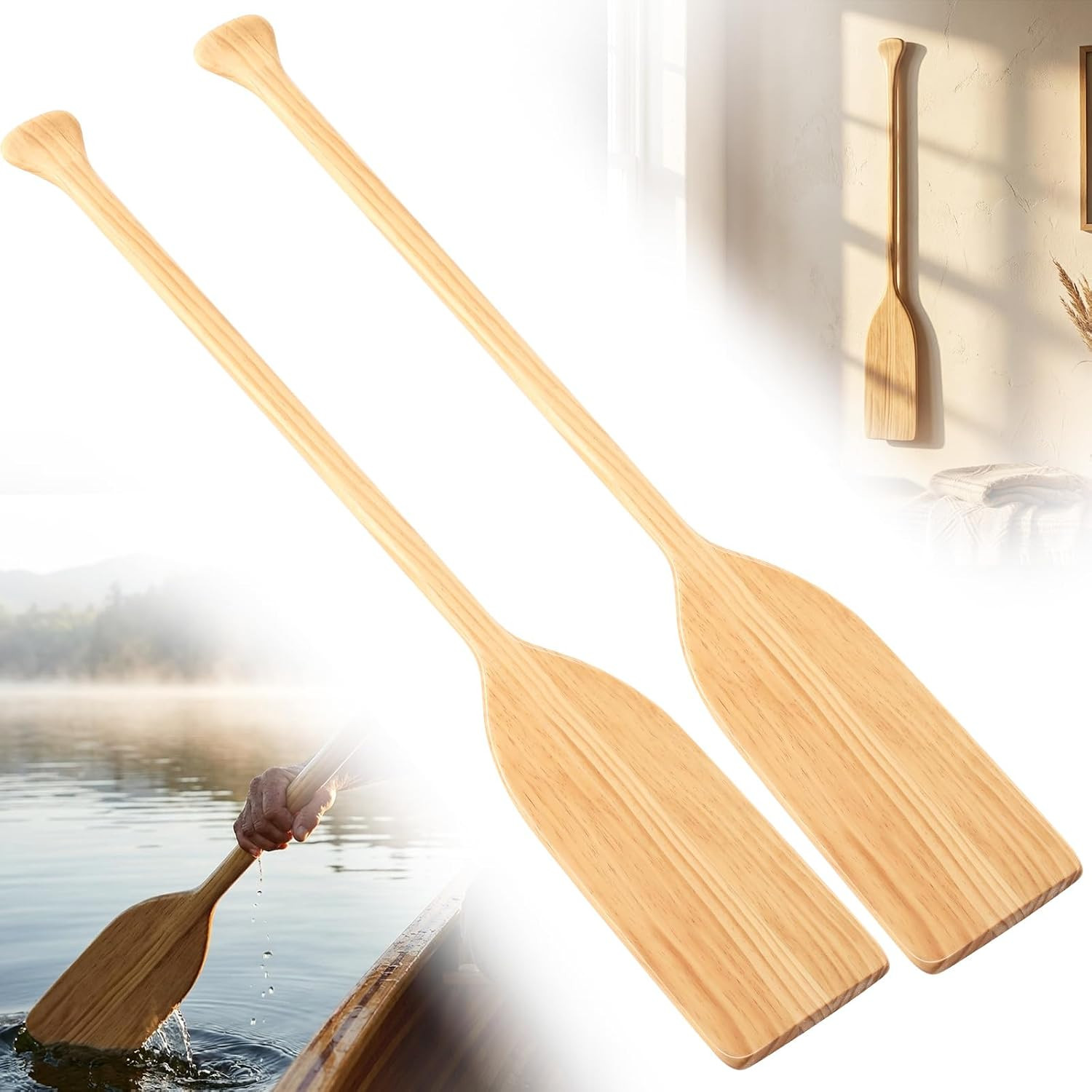 2 Pcs 2.5-4Ft Wooden Canoe Oar Paddle, 30-48” Solid Pine Paddle Canoe, for Kaya