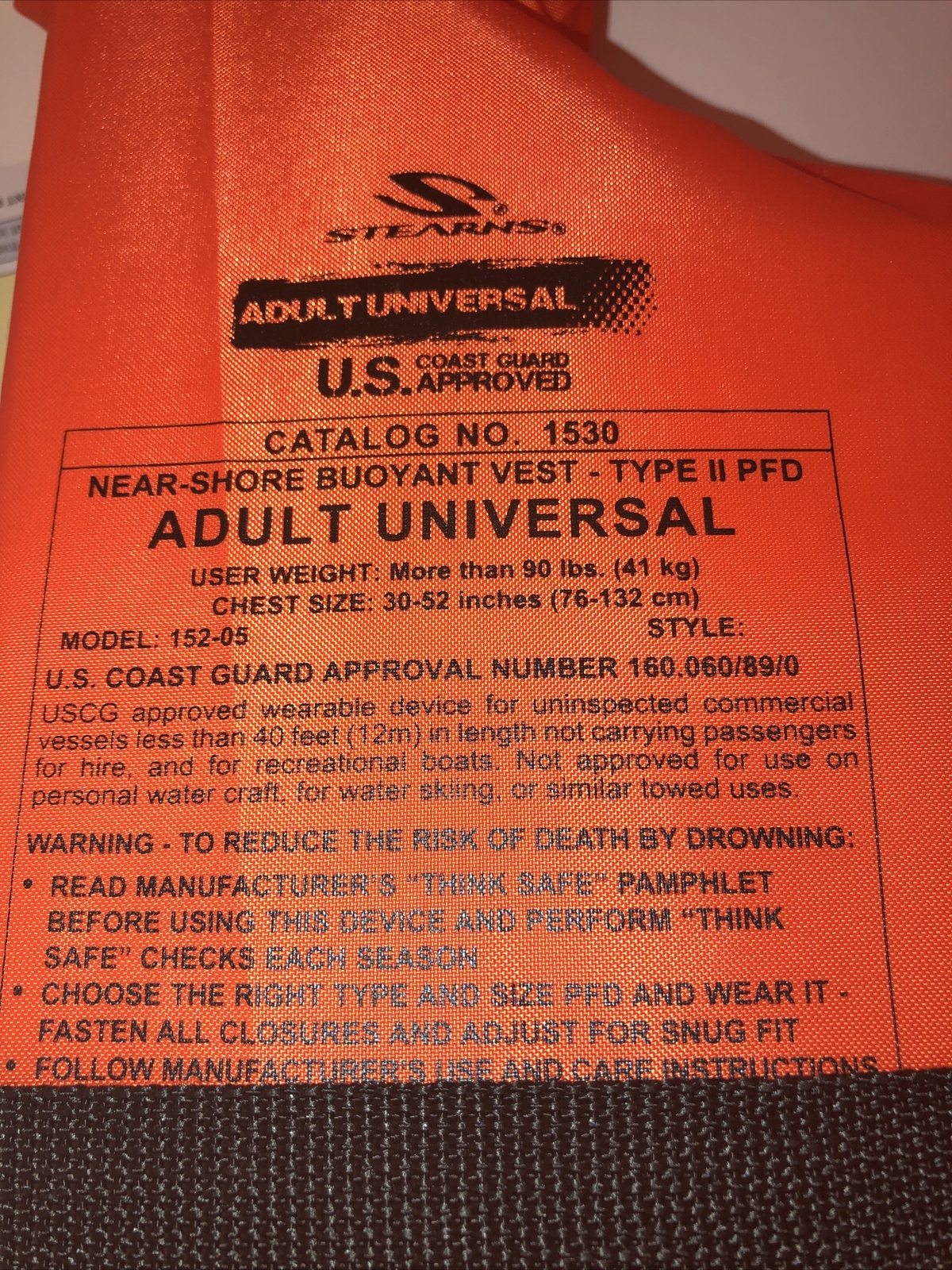 Stearns Life Vest Adult Type II Boating 30-52″ Chest Over 90 LBS Life Jacket