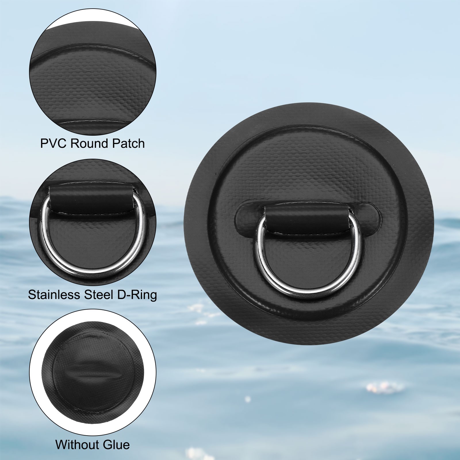 6Pcs Stainless Steel D-Ring Patch Round Patch with Elastic Cords & Hooks Black