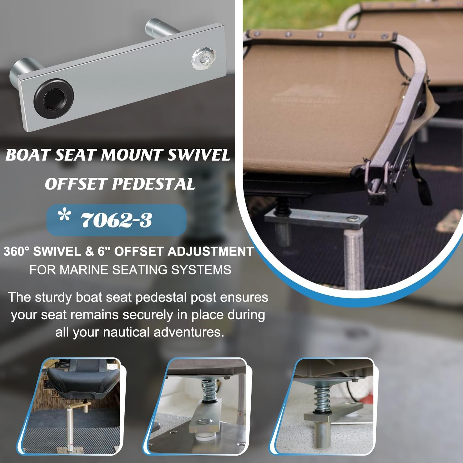 7062-3 Swivel Offset Marine Seat Mount Zinc-Plated Steel 6-Inch 360° Rotation