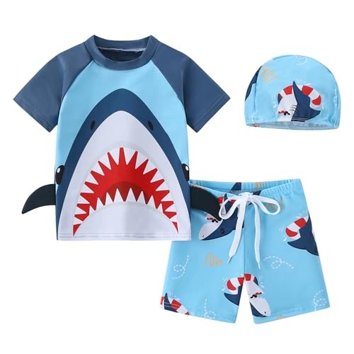 Toddler Boy Swimsuit 3 Piece Boys Swim Set Short Sleeve Boys Swim 4-5T Blue