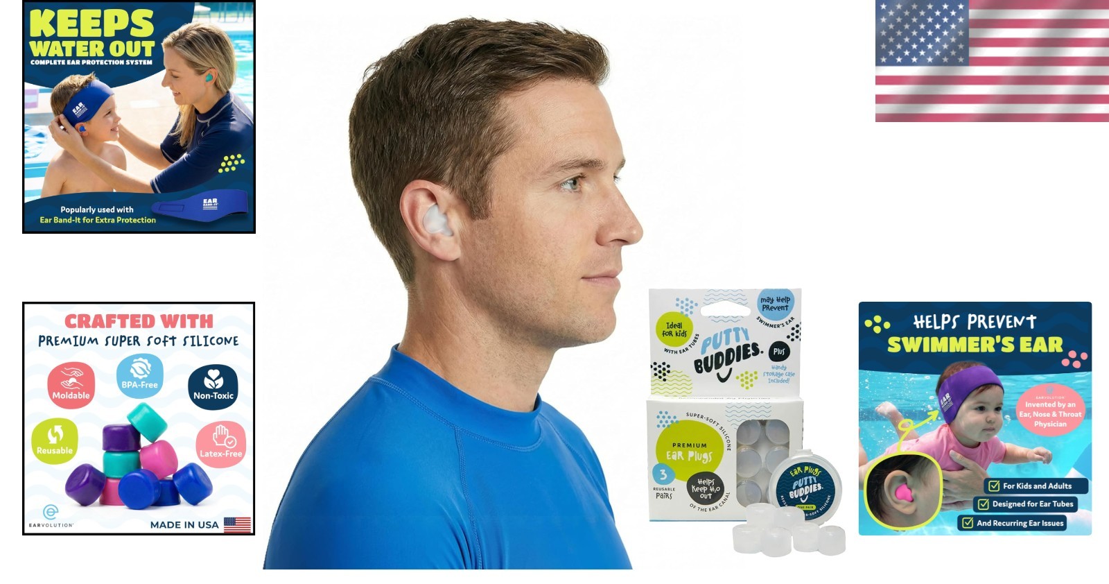 Earvolution Moldable Silicone Ear Plugs for Swimming – 3 Pair Pack – Waterproof