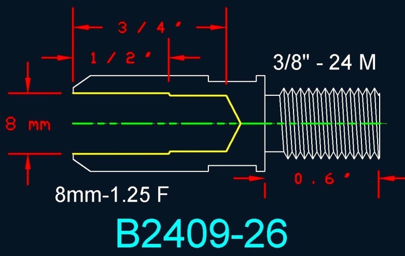 B2409-26 Adapter 3/8″-24 Male x 8 mm -1.25 Female DEEP BORE Stainless polespear