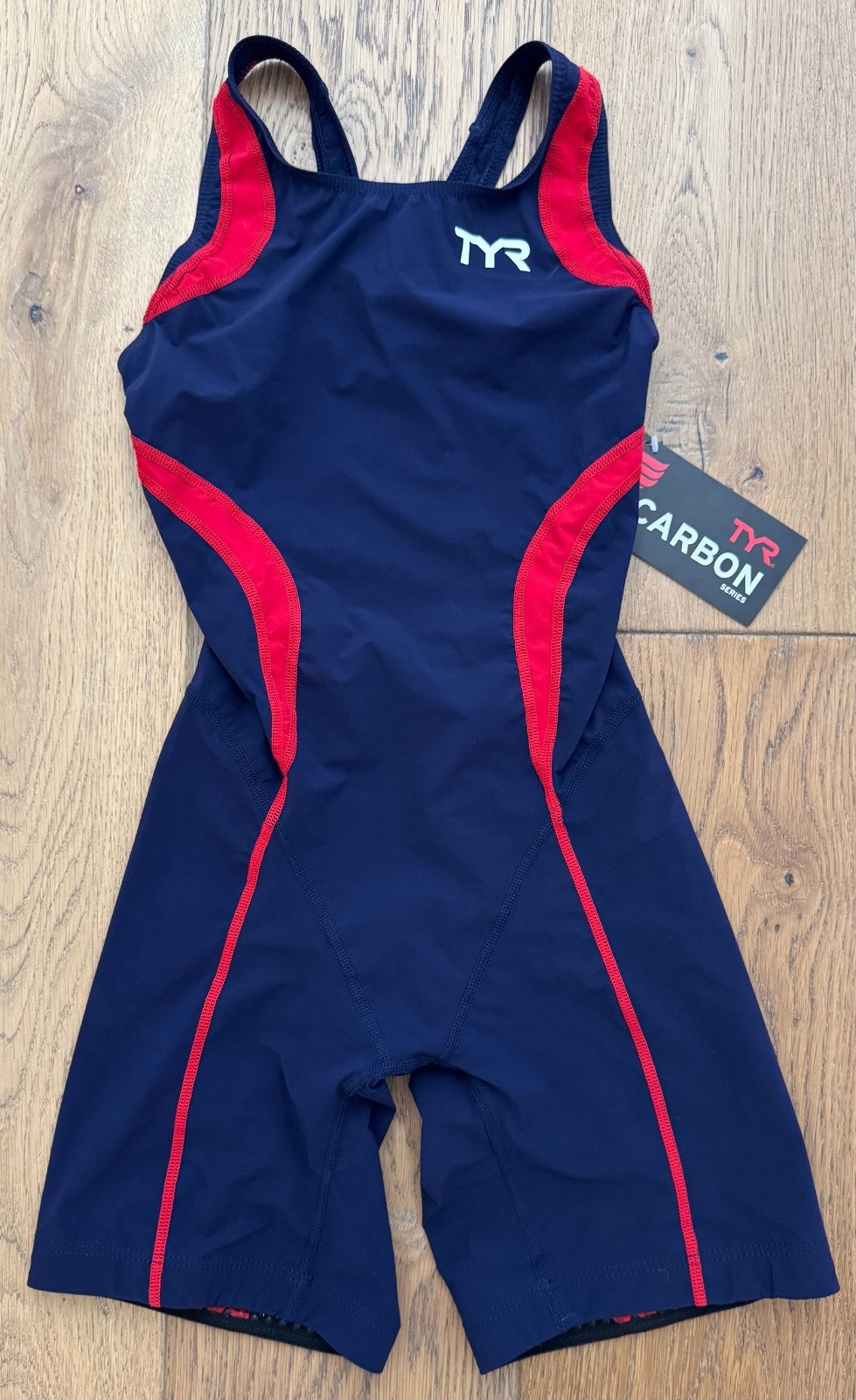 TYR CARBON Womens Large Navy Blue Red Aeroback Short John Swim Suit USA Made New