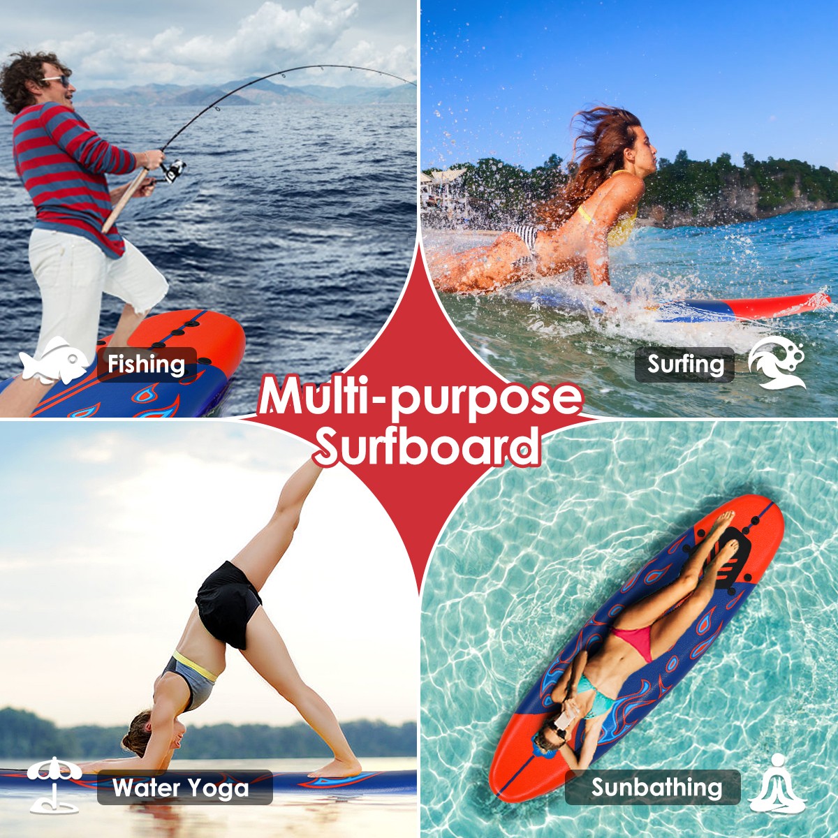 6′ Surfboard Foamie Body Surfing Board W/3 Fins Leash for Kids Adults Red