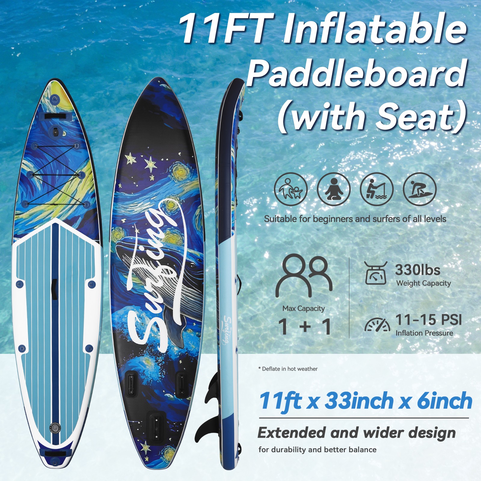 11FT Inflatable SUP Board 33″ Wide 330LBS Kayak Seat 3-Fin Set
