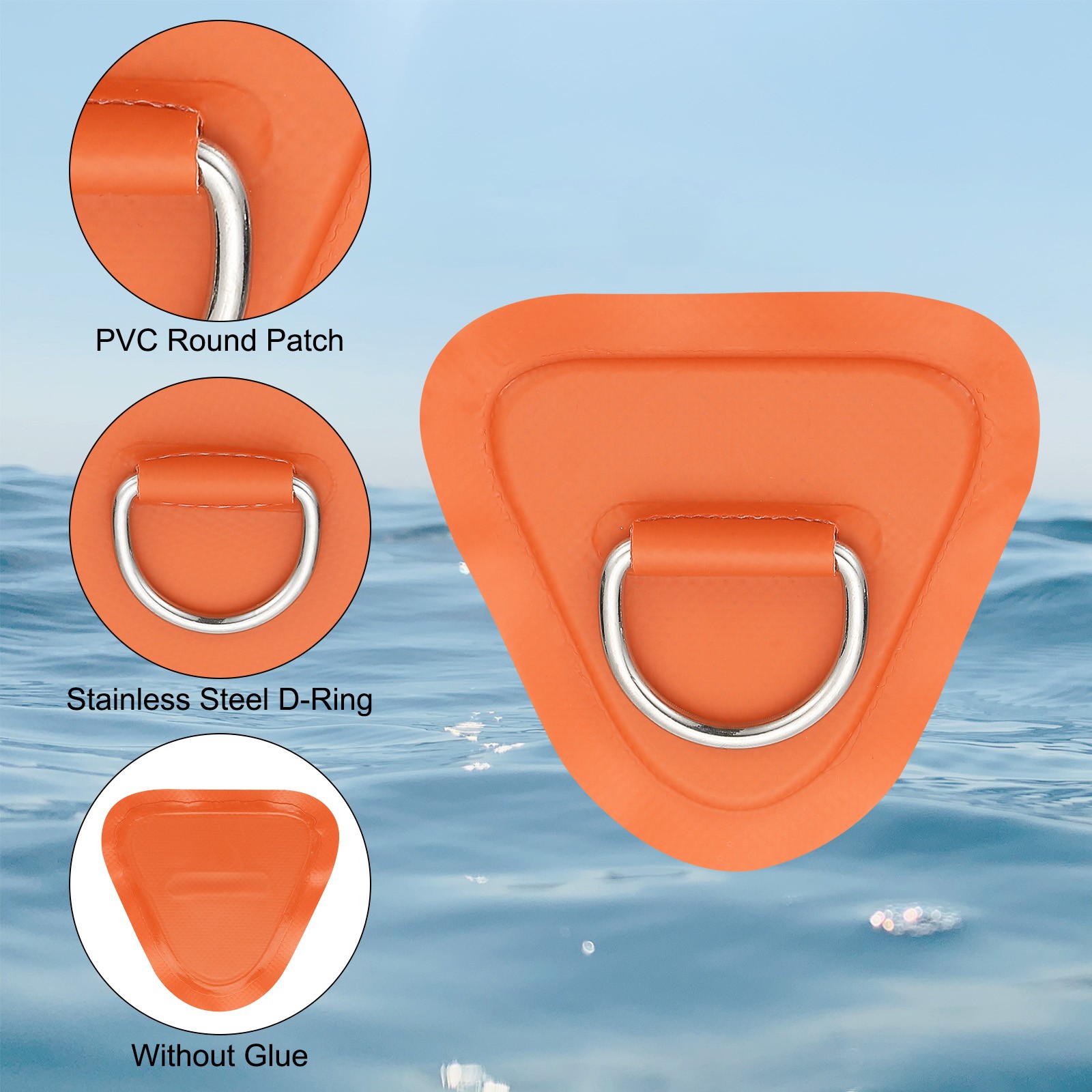 6 Pcs 3.5″ Paddle Board D Rings, Stainless Steel D-Ring PVC Patch, Orange